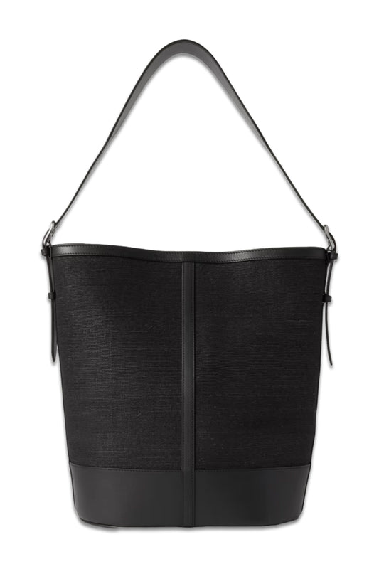 Leather-Trimmed Raffia Shoulder Bag