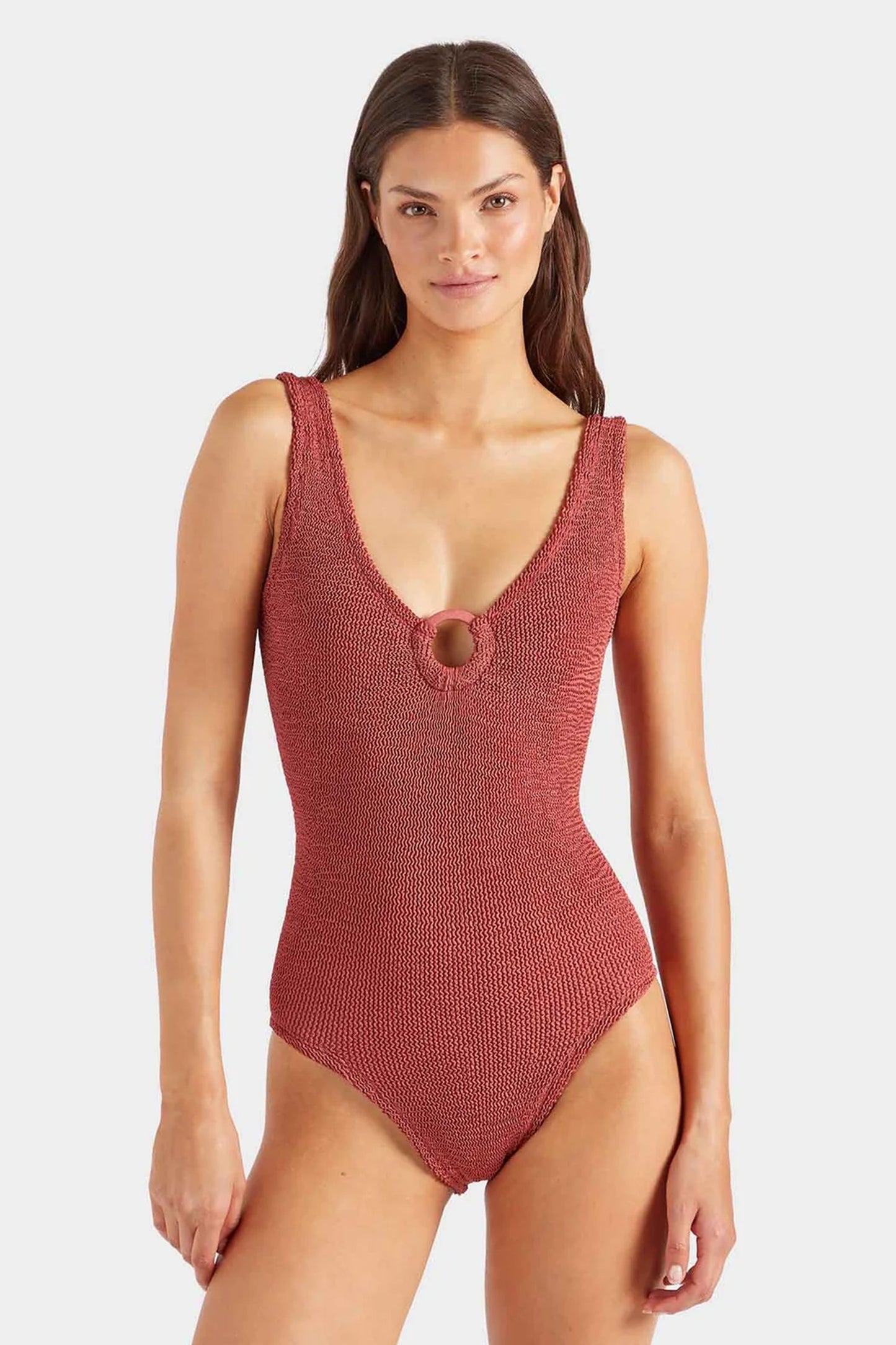 Coverage Celine Swim With Tonal Hoops in Metallic Rosewood