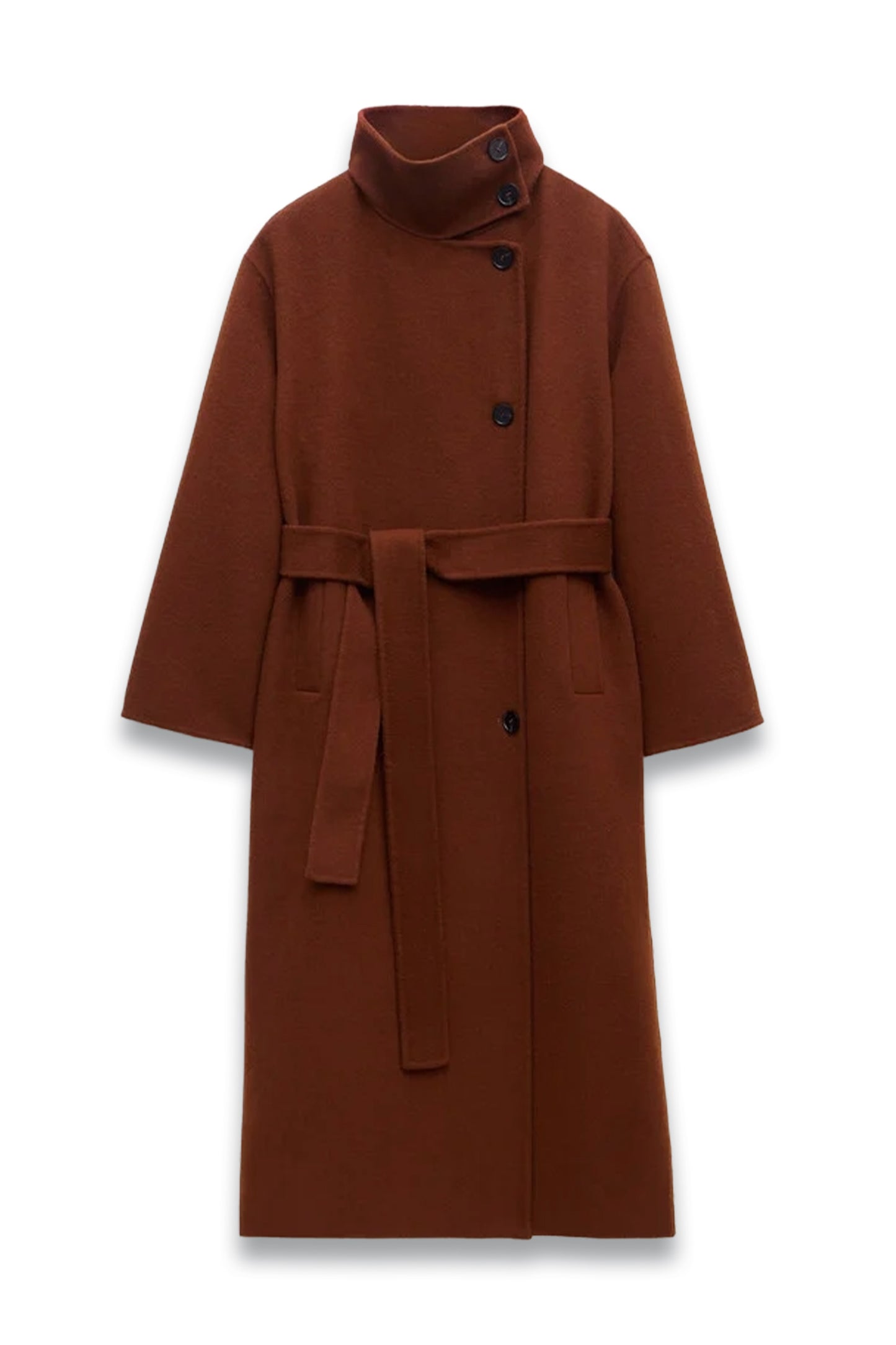 Pure Wool Double-faced Funnel-neck Belted Coat