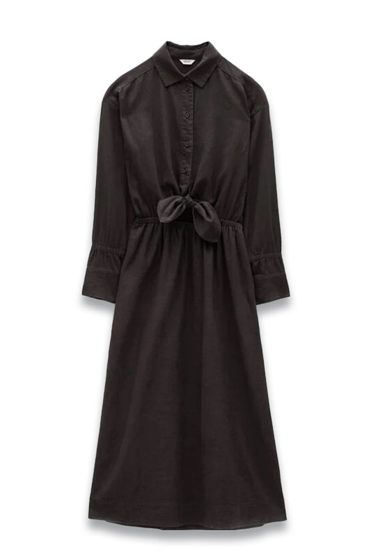 Front Bow Linen Blend Maxi Shirt Dress