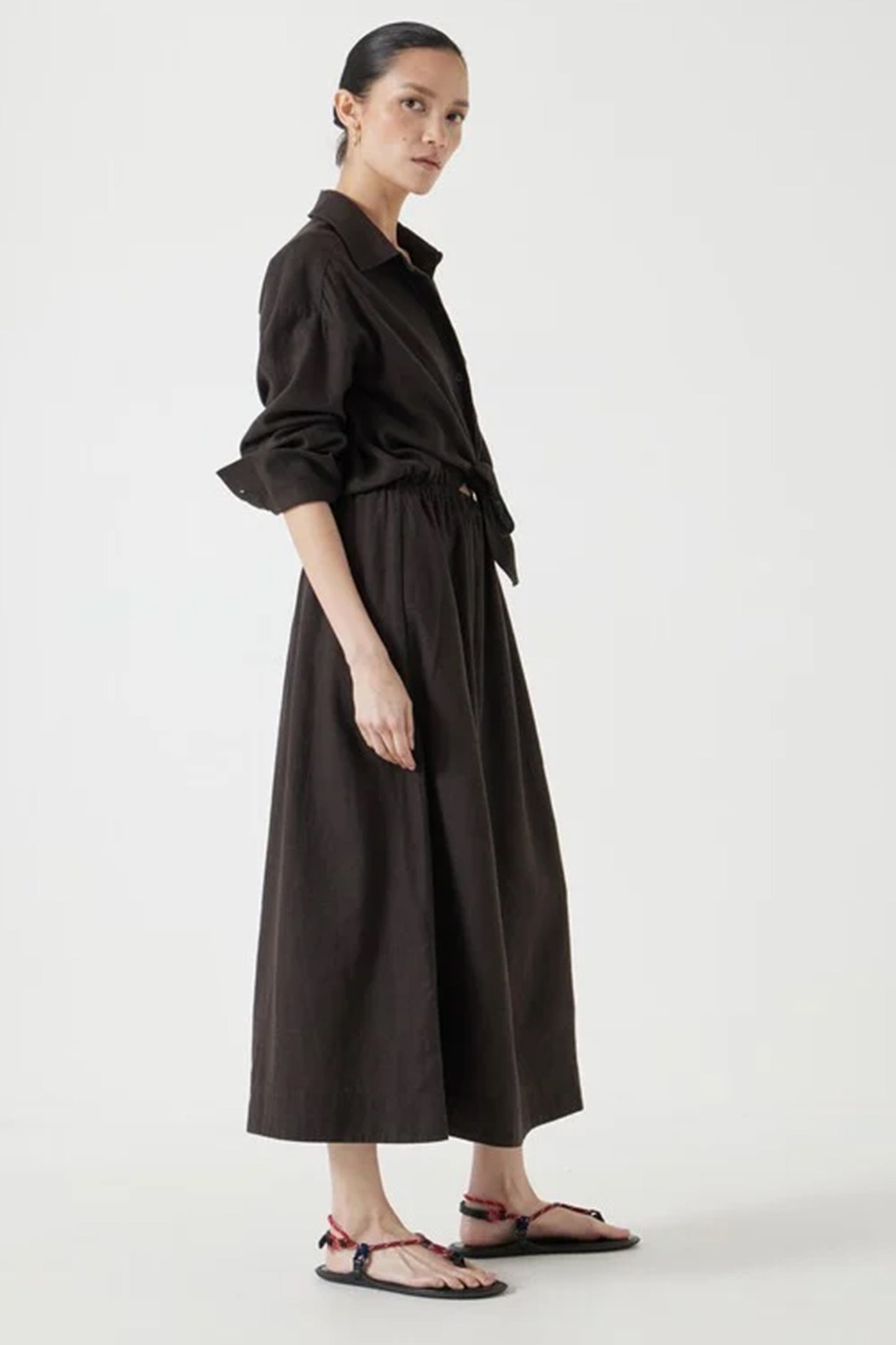 Front Bow Linen Blend Maxi Shirt Dress