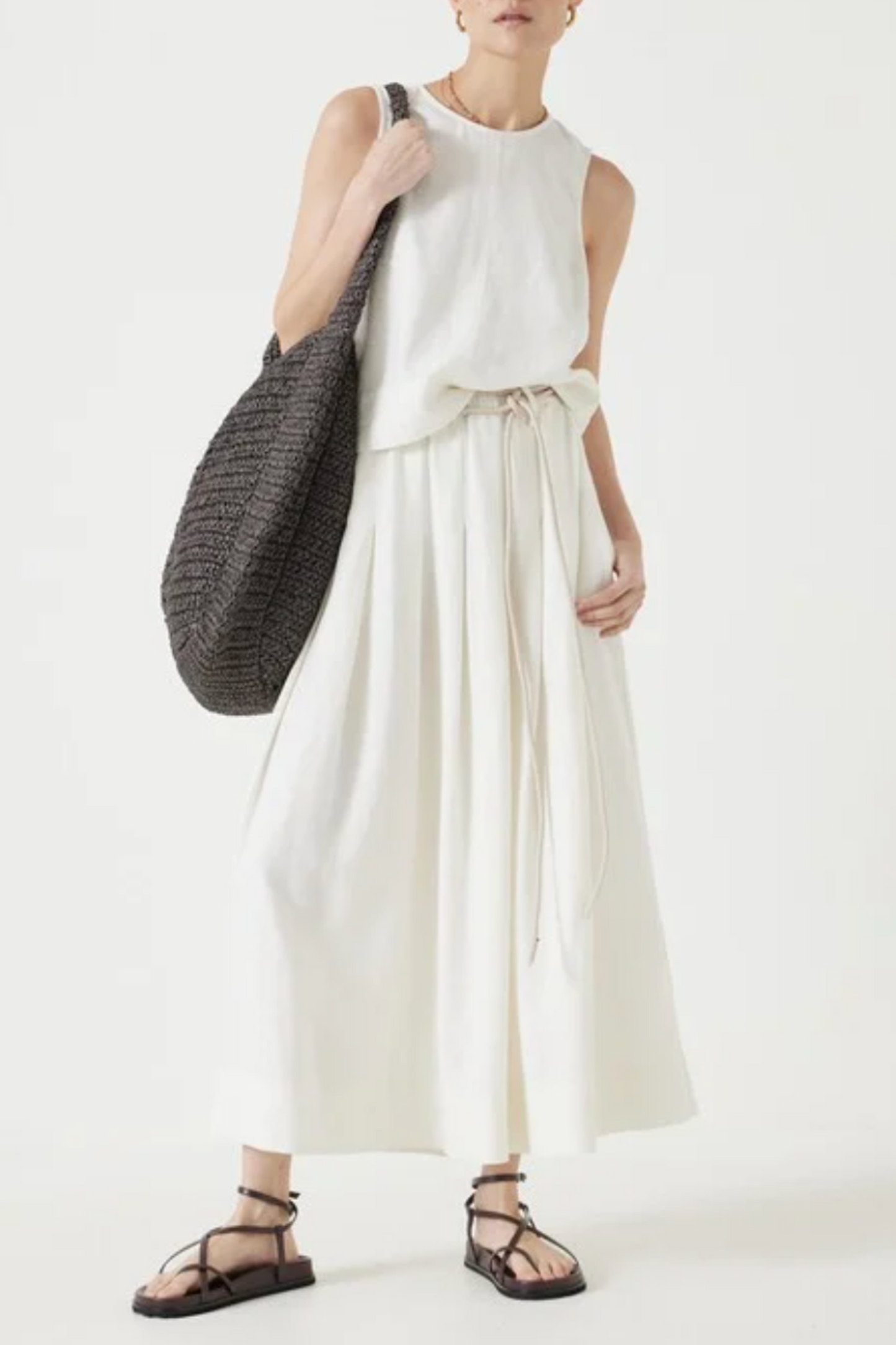 Ivy Pleated Linen Blend Midi Skirt in Off White