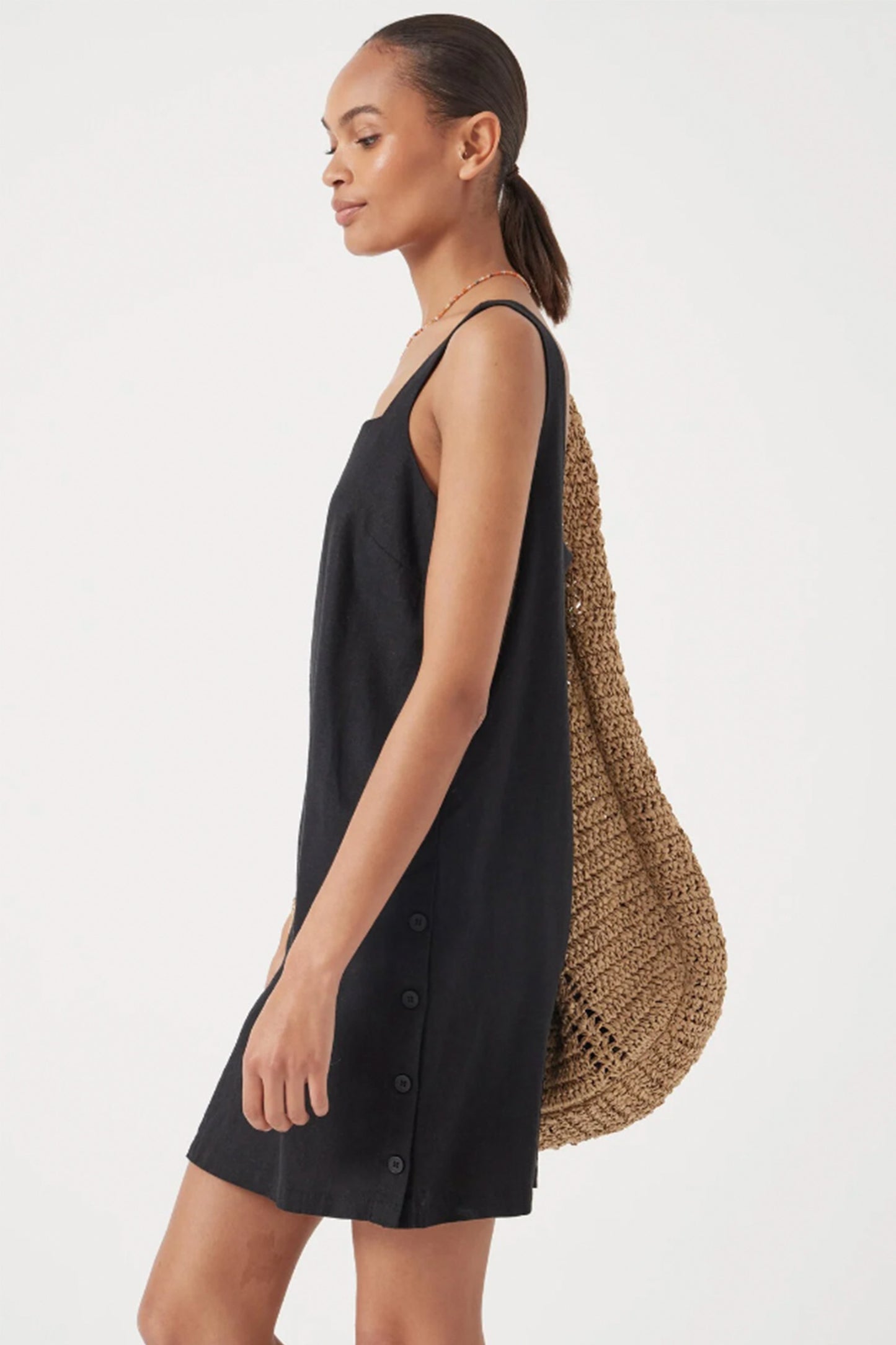 Square Neck Linen Blend Mini Dress