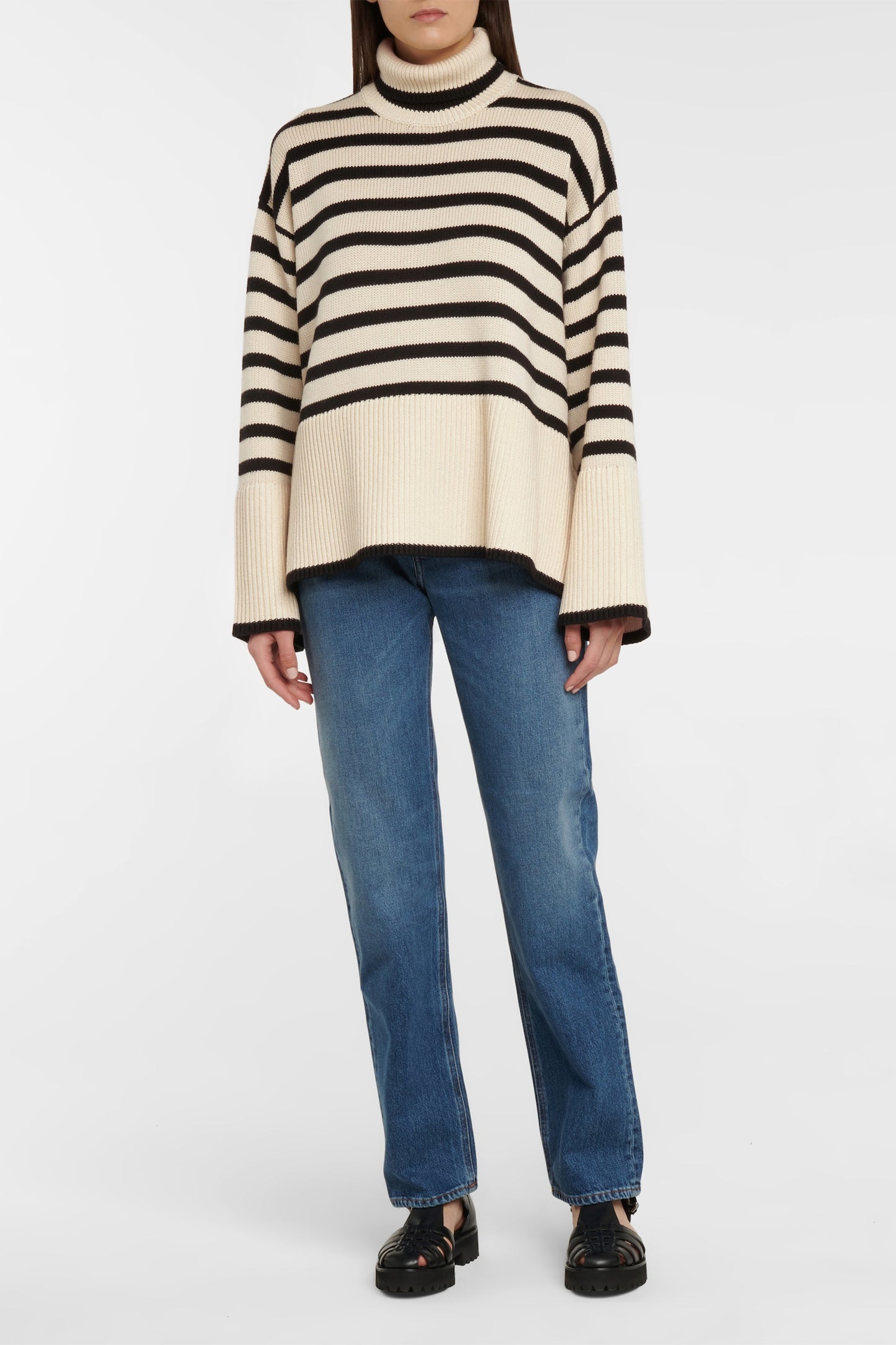 Striped Turtleneck Wool-blend Sweater In Beige And Black