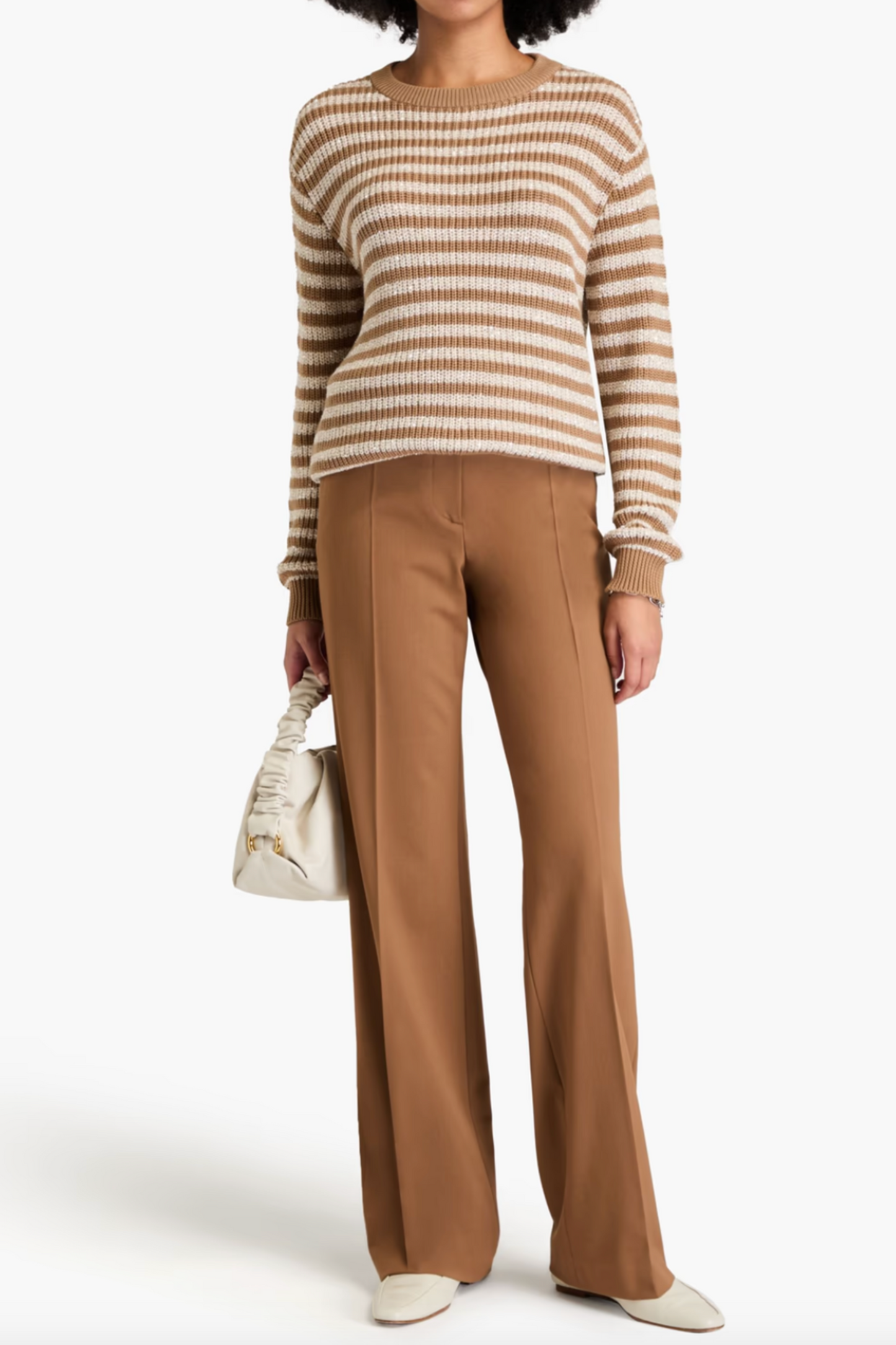 Embellished Striped Ribbed Cotton Sweater
