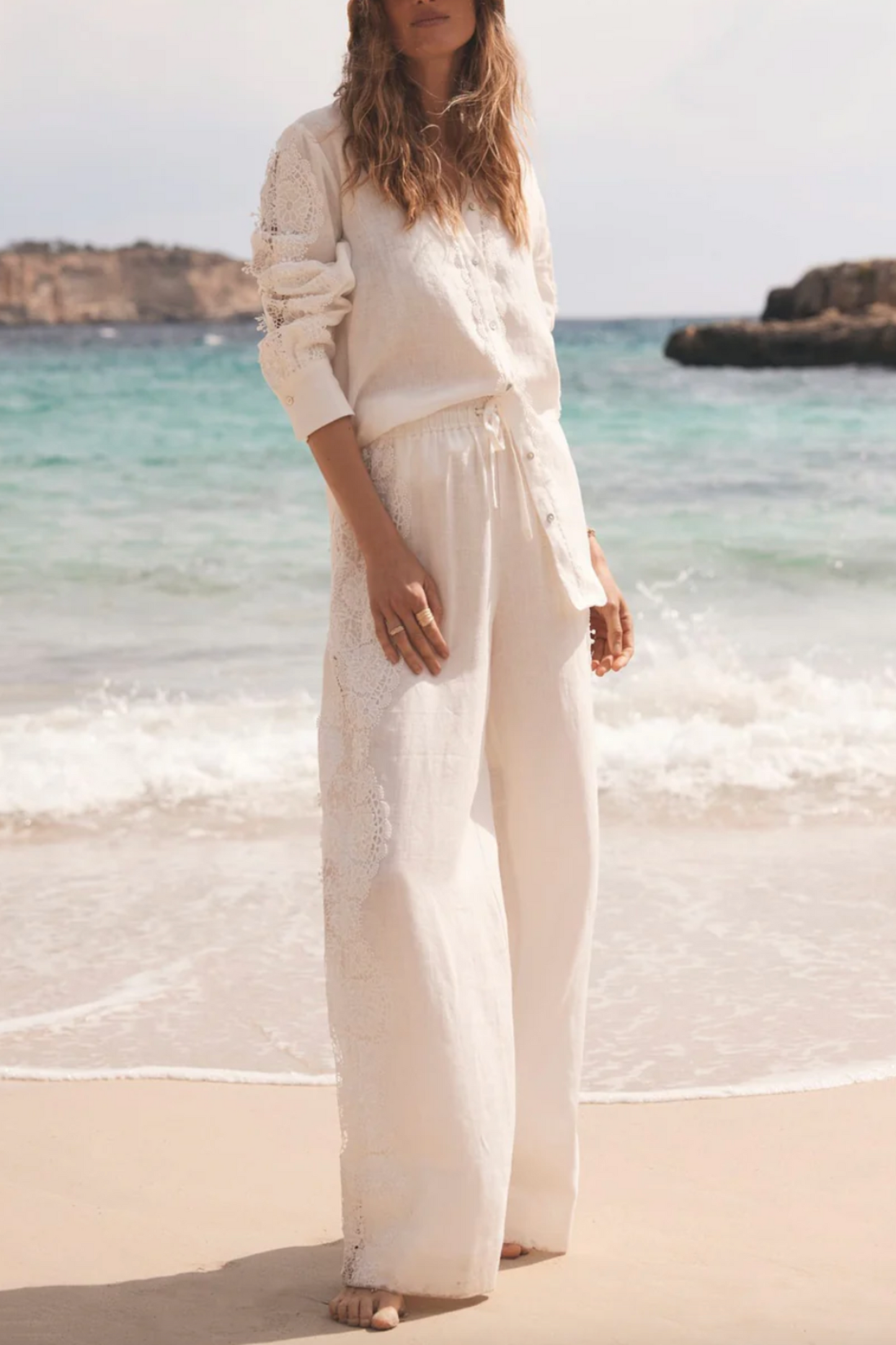 White Linen Lace Trim Shirt and Wide Trousers Set