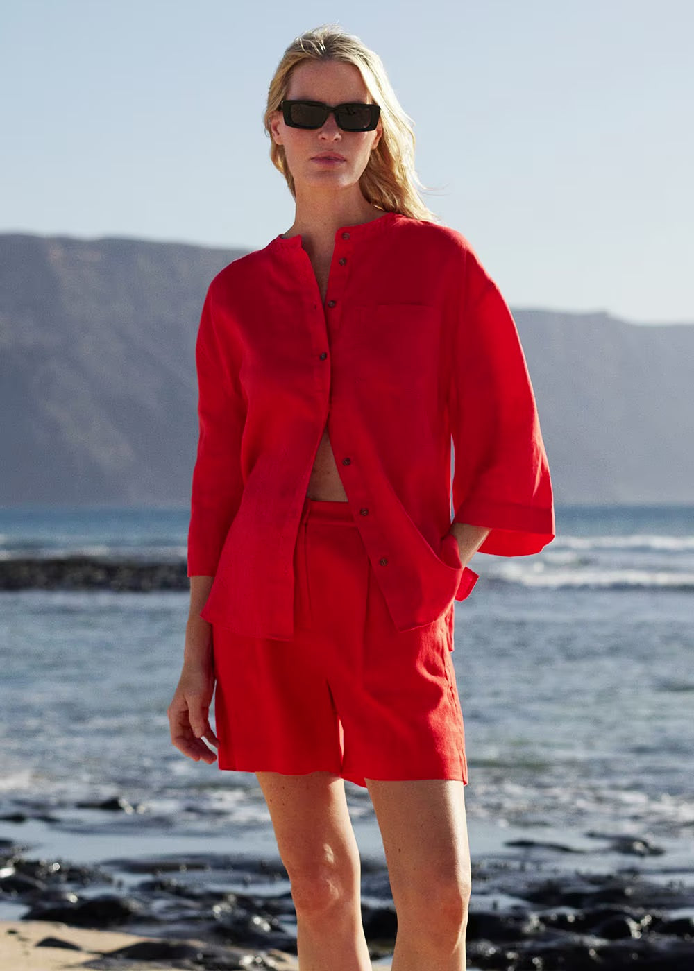 Red Tara Formal Linen Short & Grandad Collar Shirt