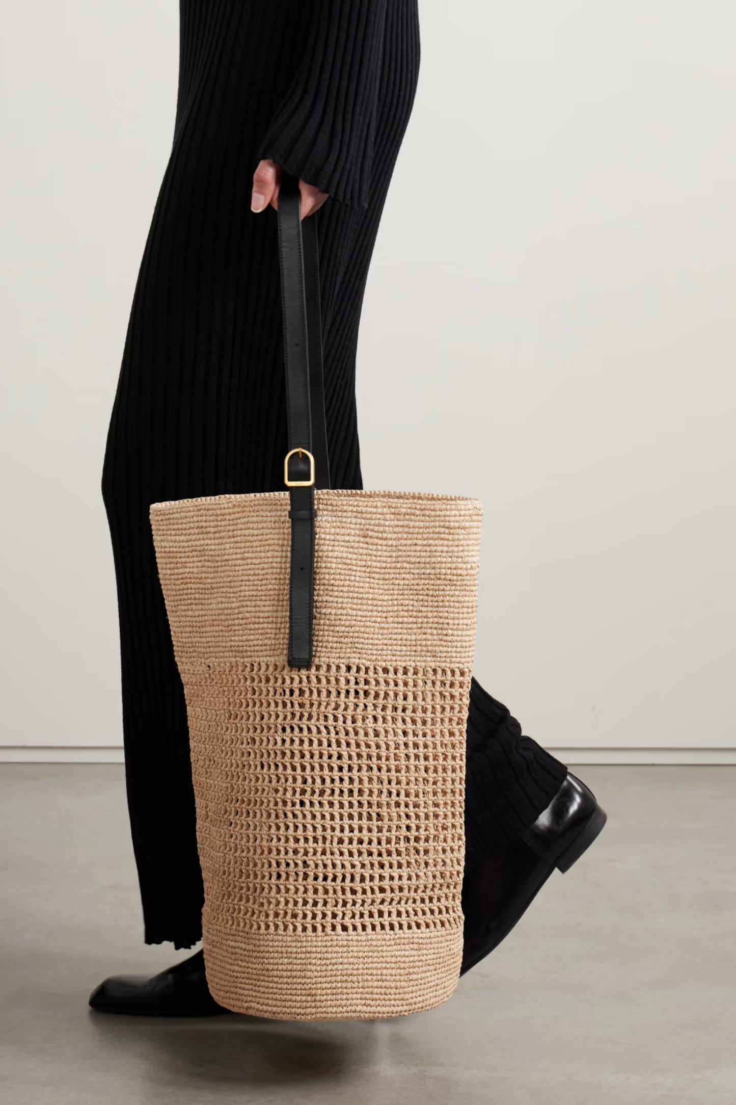 Billie Leather-Trimmed Raffia Bucket Bag
