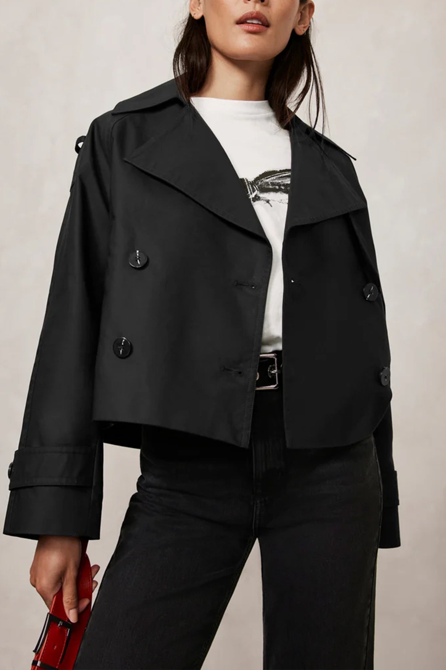 Black Cotton Cropped Trench Coat