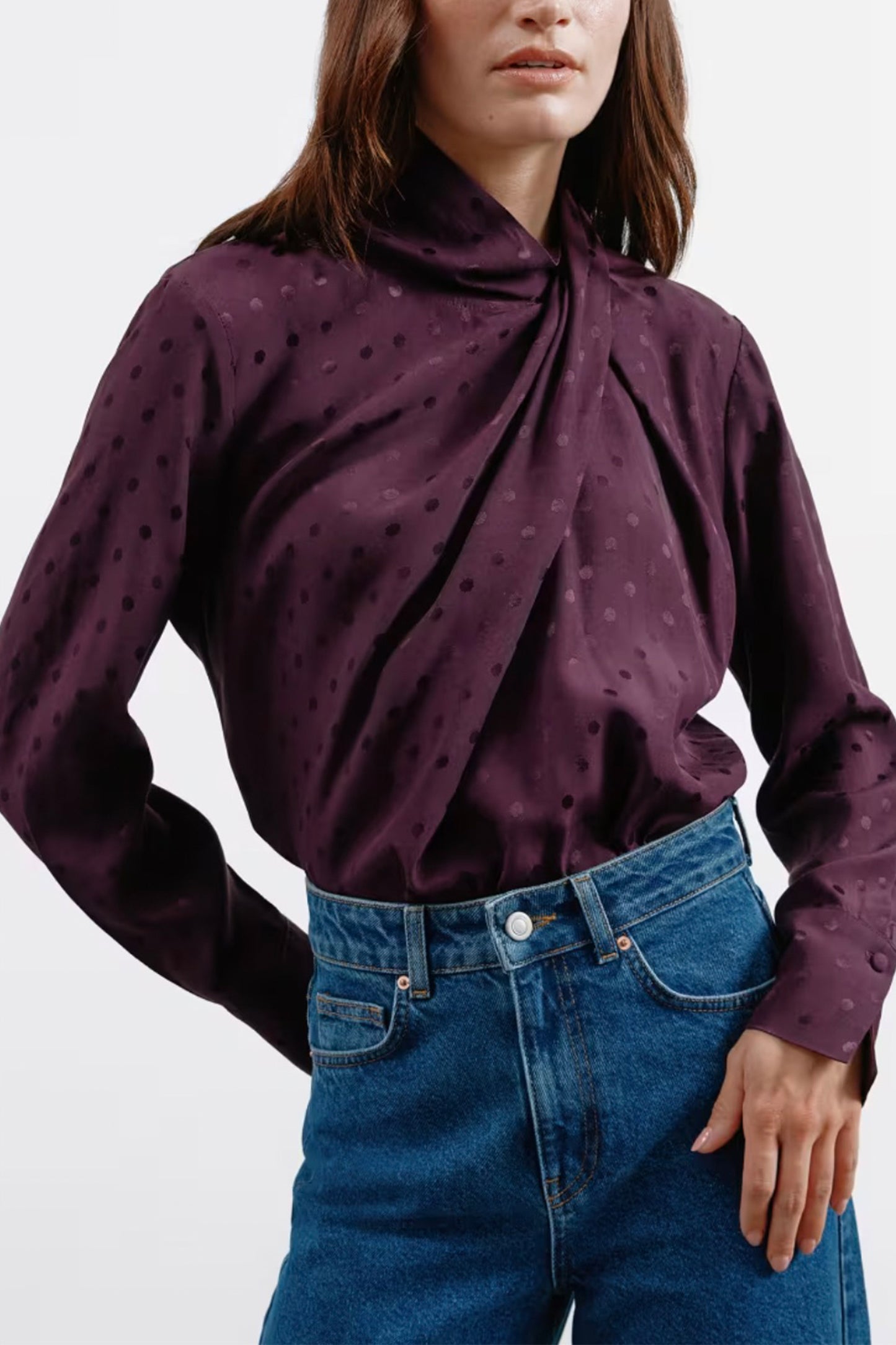 Jacquard High Neck Twist Front Blouse