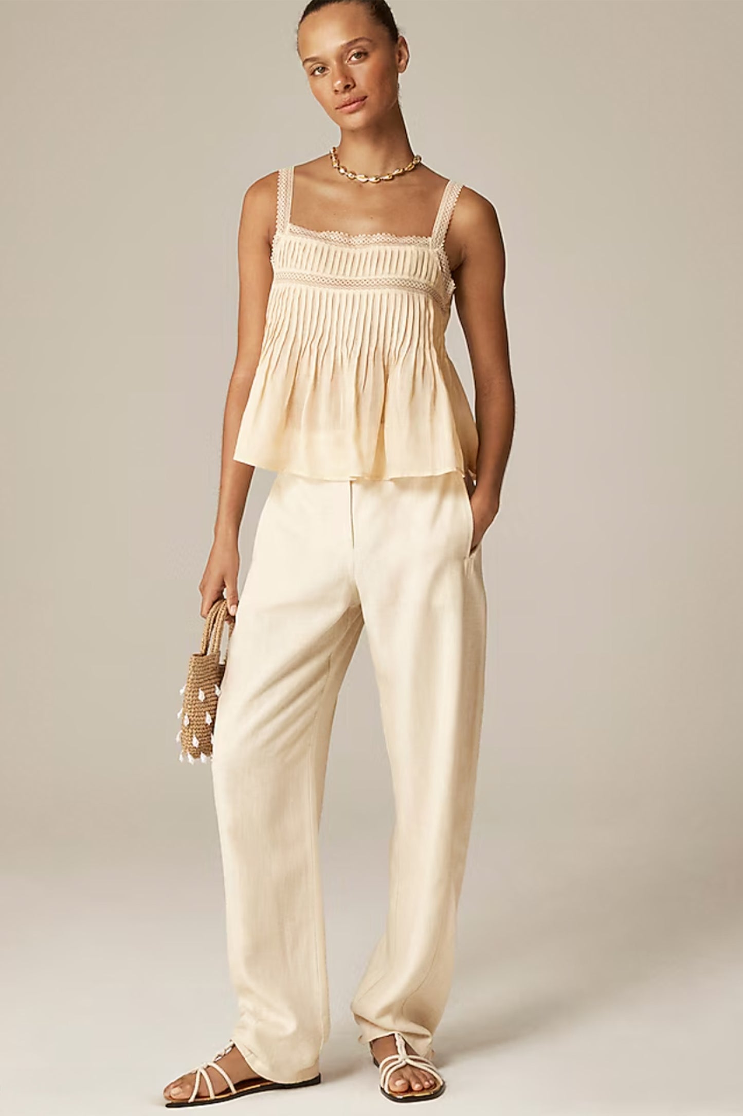Lace-Trim Tank Top in Ramie