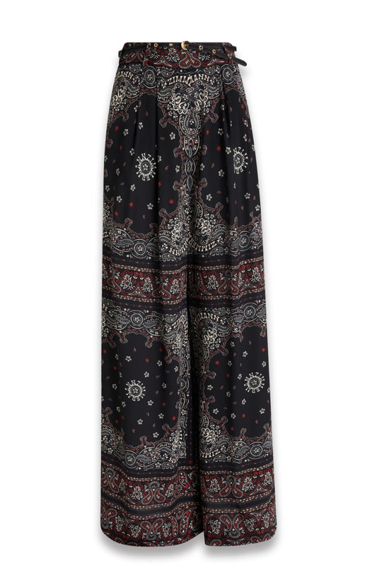 Belted Paisley-Print Crepe de Chine Wide-Leg Pants