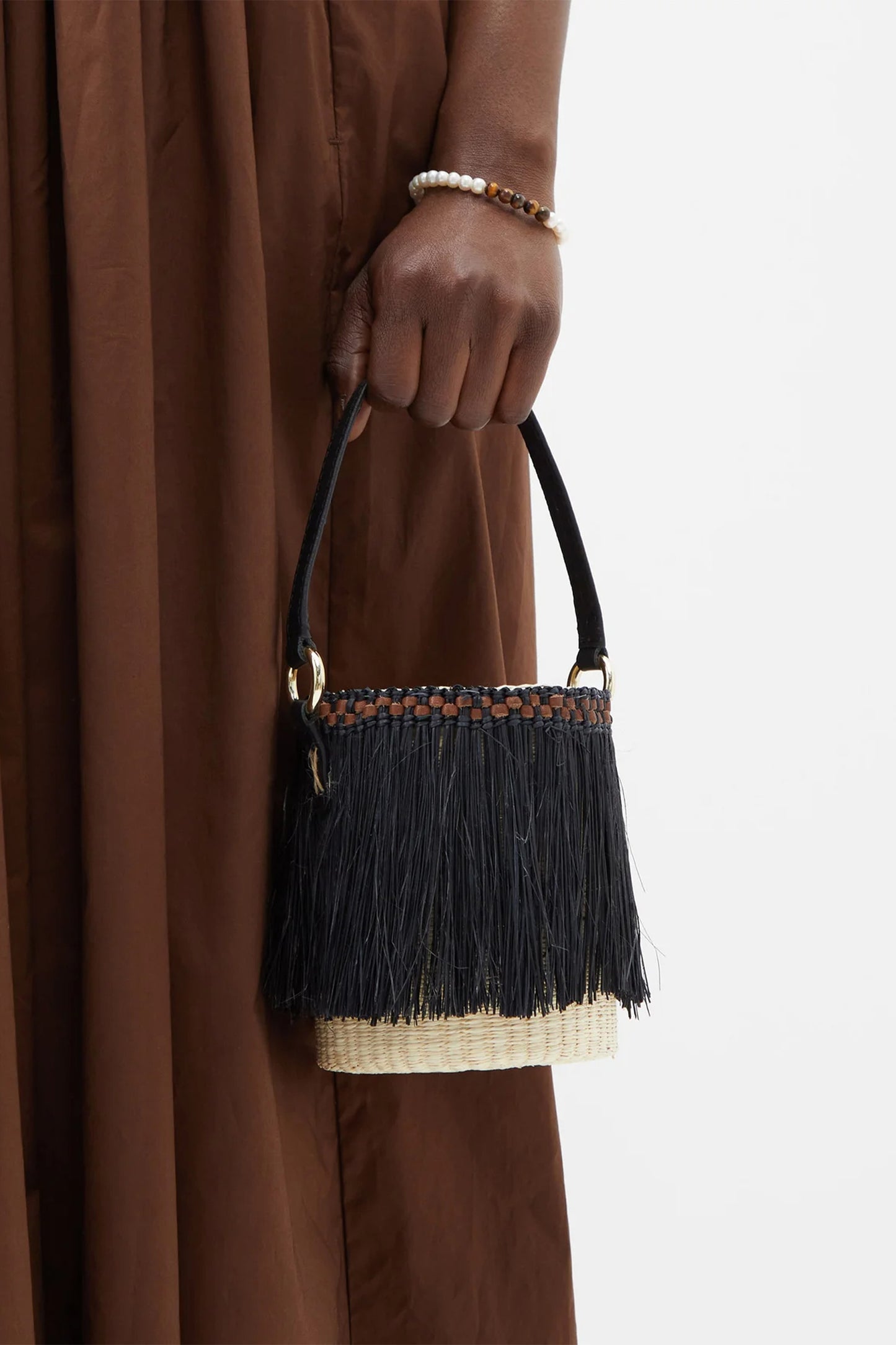 Frayed Mini Straw Bucket Bag