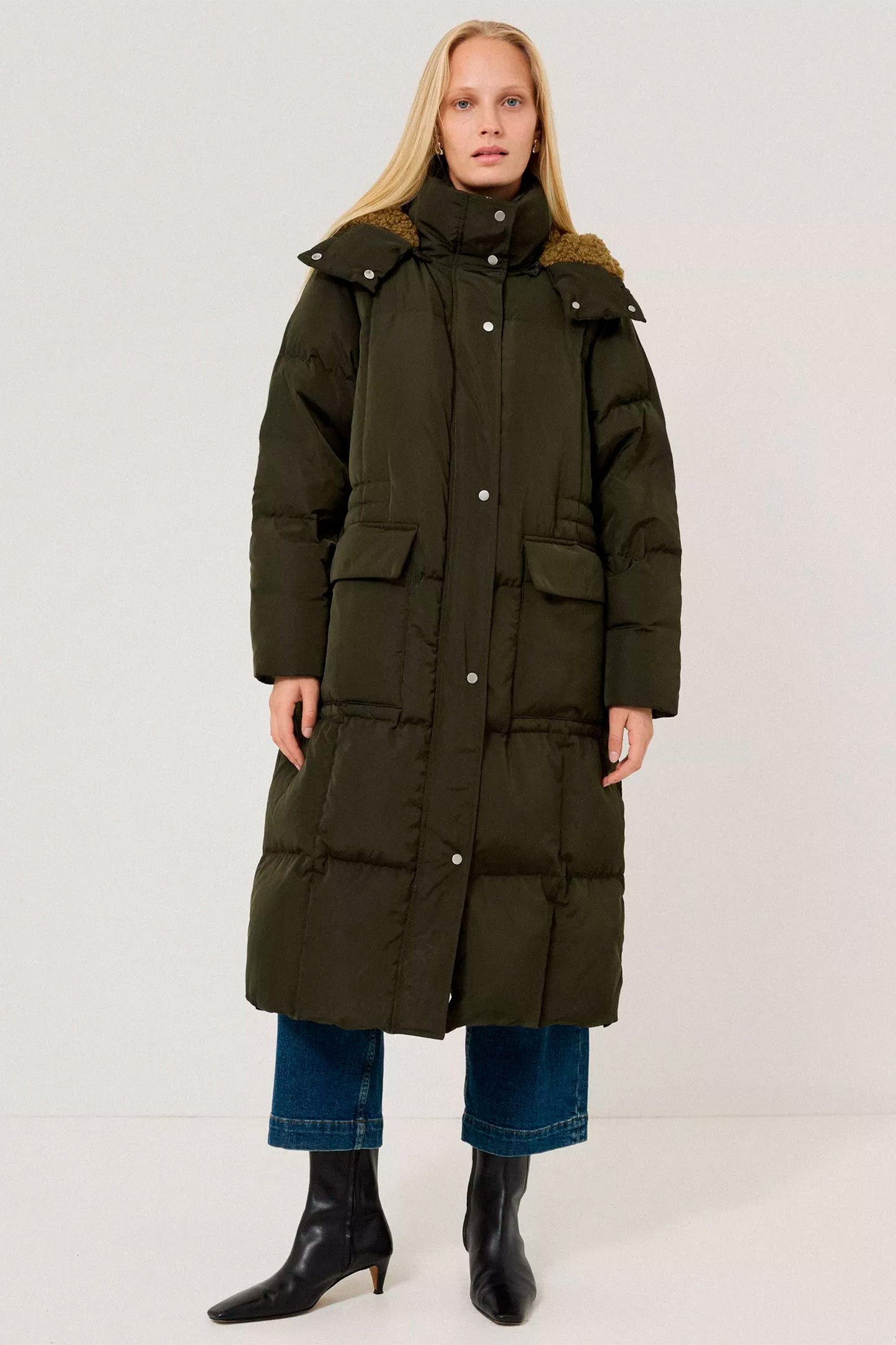 Relaxed Longline Puffer Coat, Dark Kale