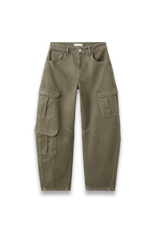 Mango Dilly 100% cotton utility barrel jean in khaki
