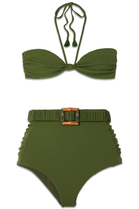 Tasseled Ribbed Halterneck High Waist Bikini