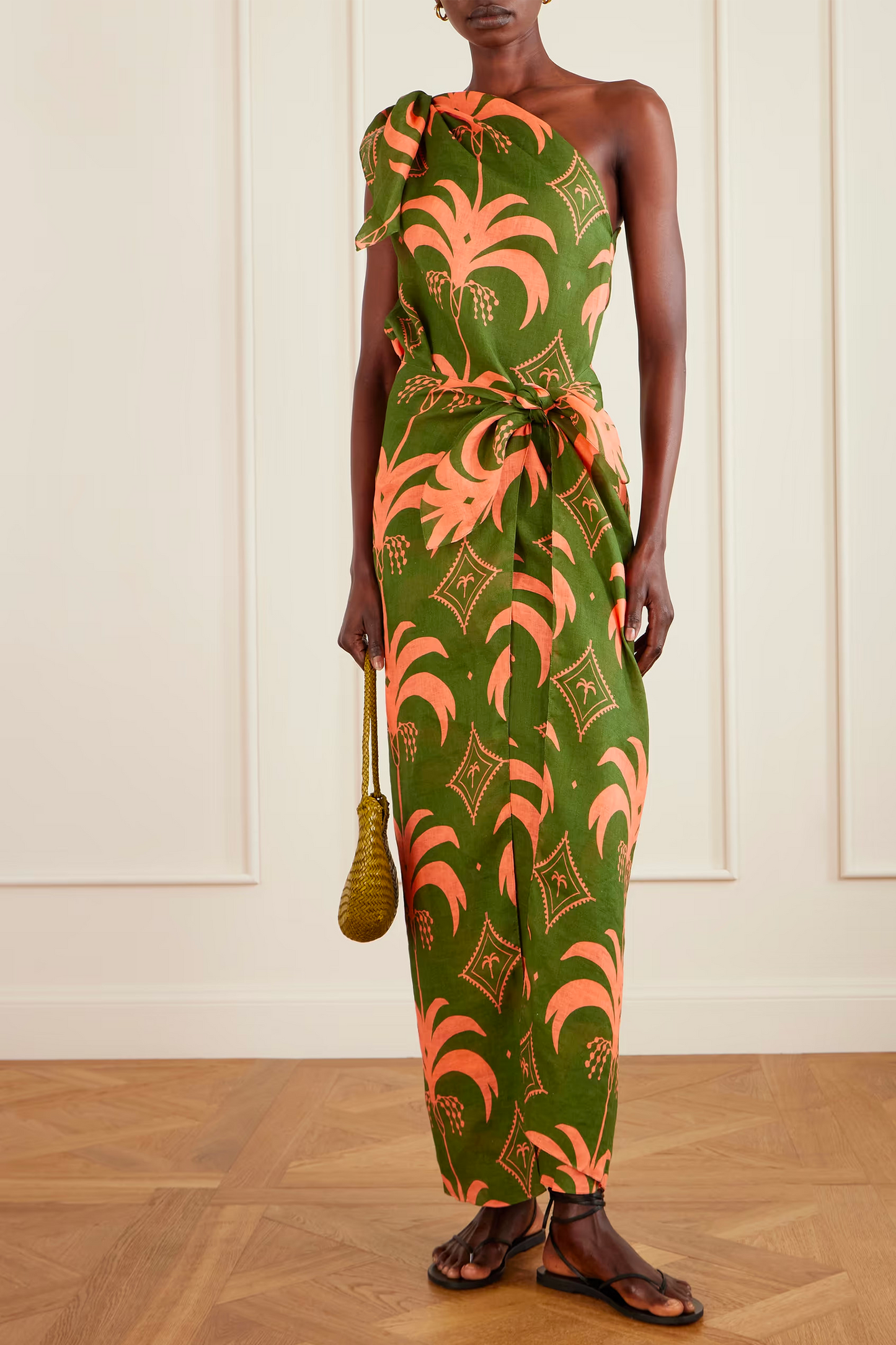 Seaweed One-shoulder Printed Linen Maxi Dress