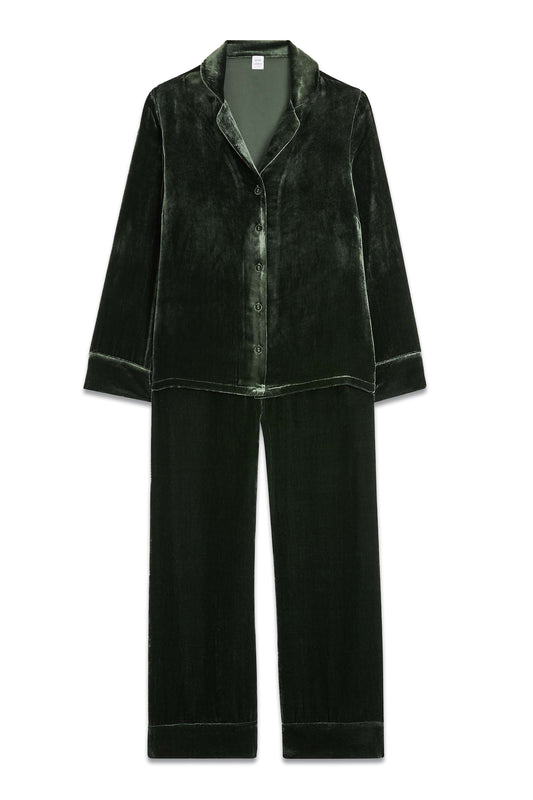 Velour Silk Blend Shirt Lounge Set, Green