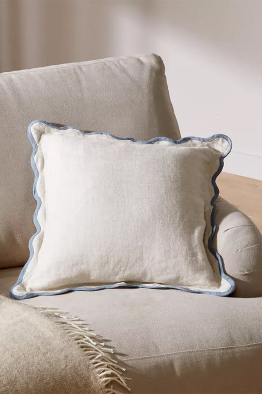Scalloped Linen Cushion, Blue