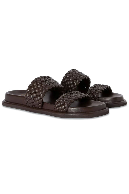 Lovey Leather Woven Padded Footbed Sliders, Chocolate