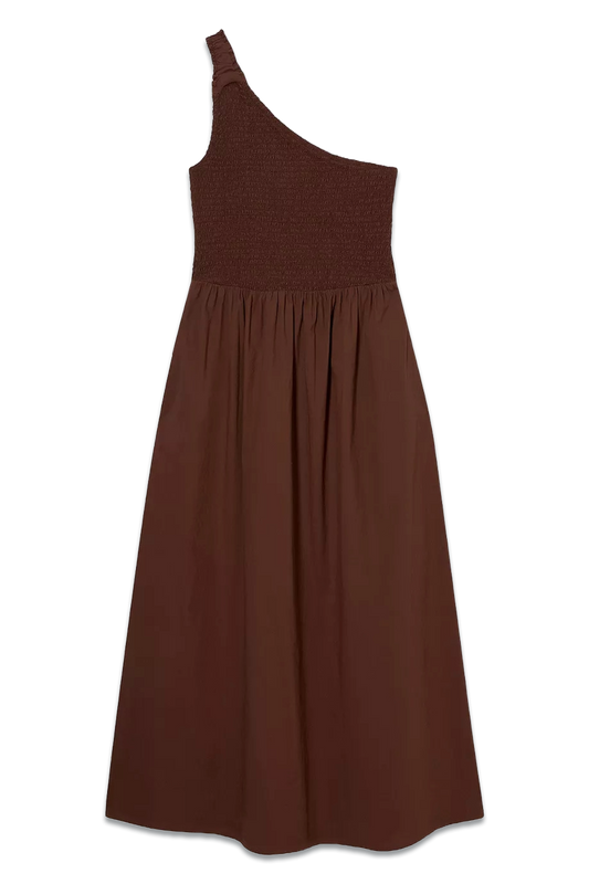 Shirred Bodice Asymmetric Dress, Brown