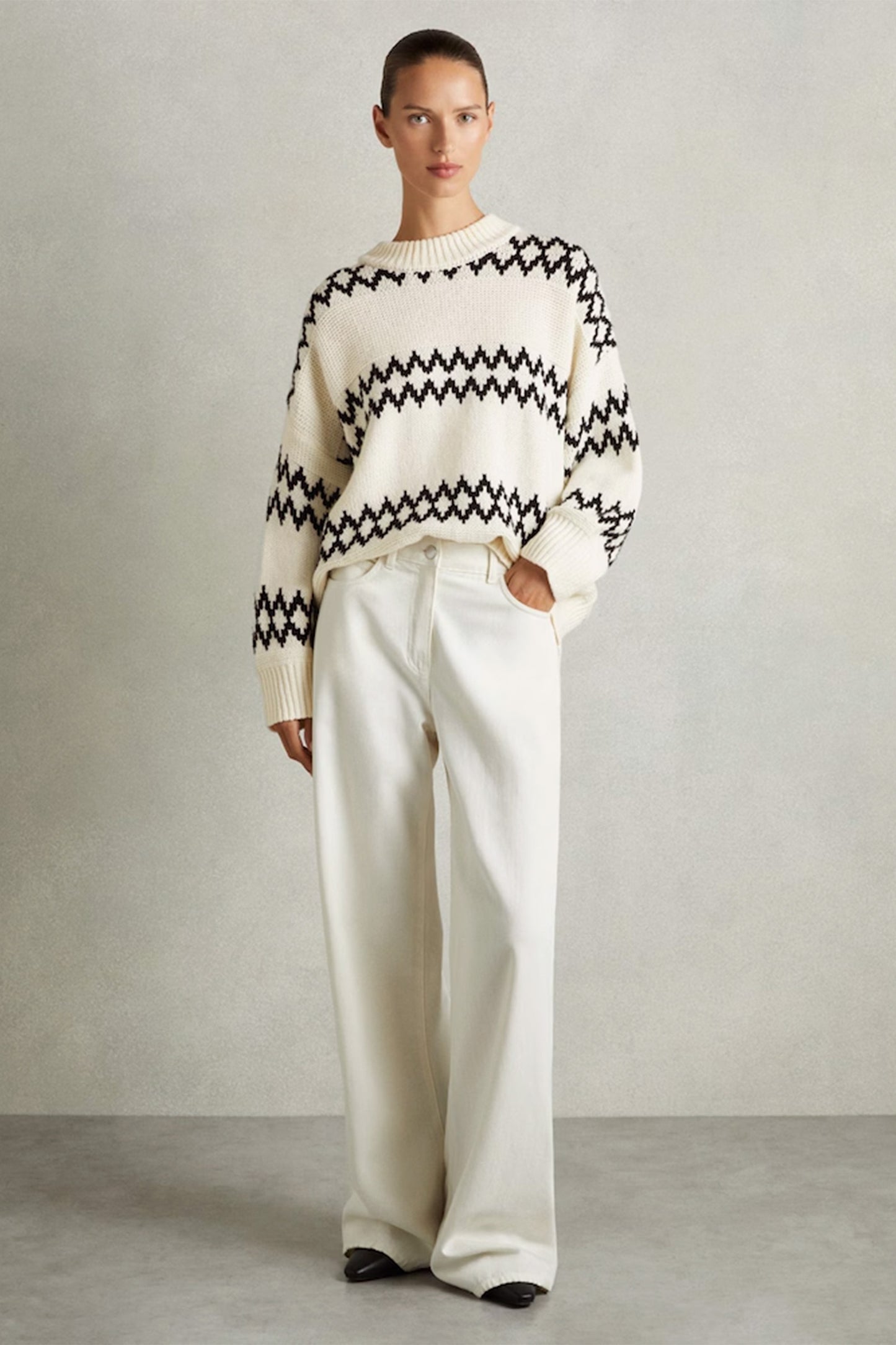 Wool-Blend Fairisle Pattern Jumper in Cream/Black