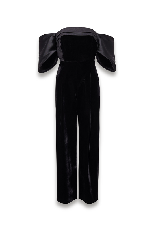 Angelica Black Bardot Velvet Jumpsuit