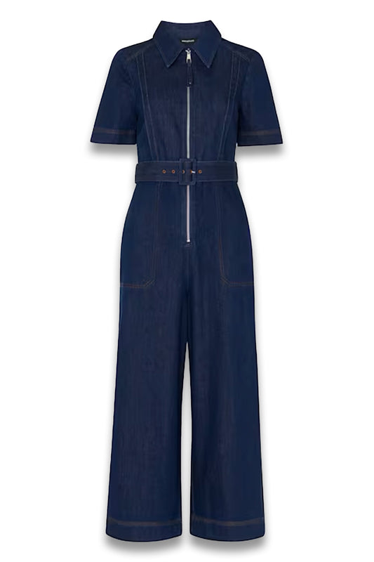 Denim Pintuck Belted Jumpsuit