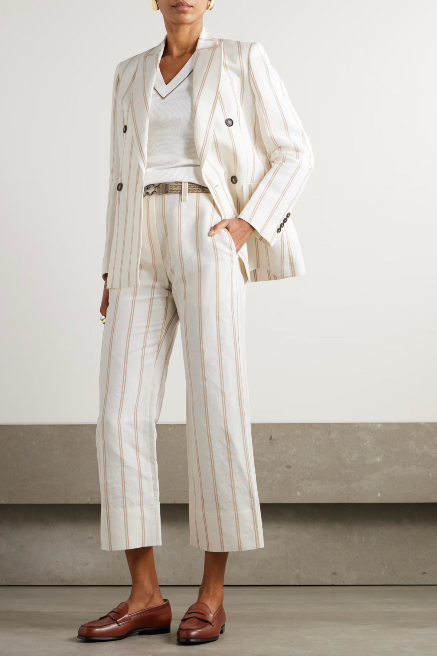 Double-Breasted Striped Linen and Cotton-Blend Blazer with Wide-Leg Pants