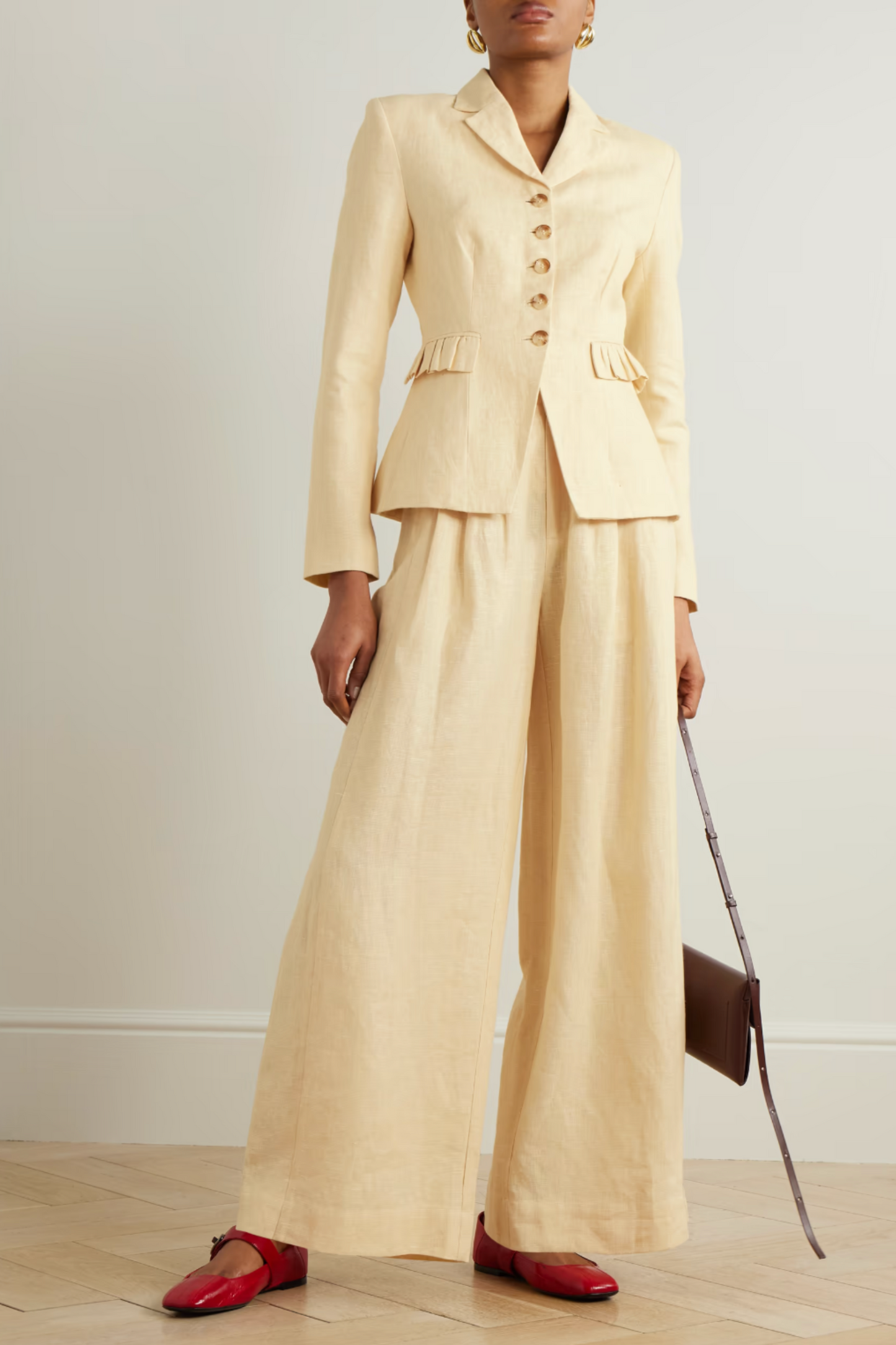 Matilda Ruffled Linen Blazer with Parker Pleated Wide-Leg Pants