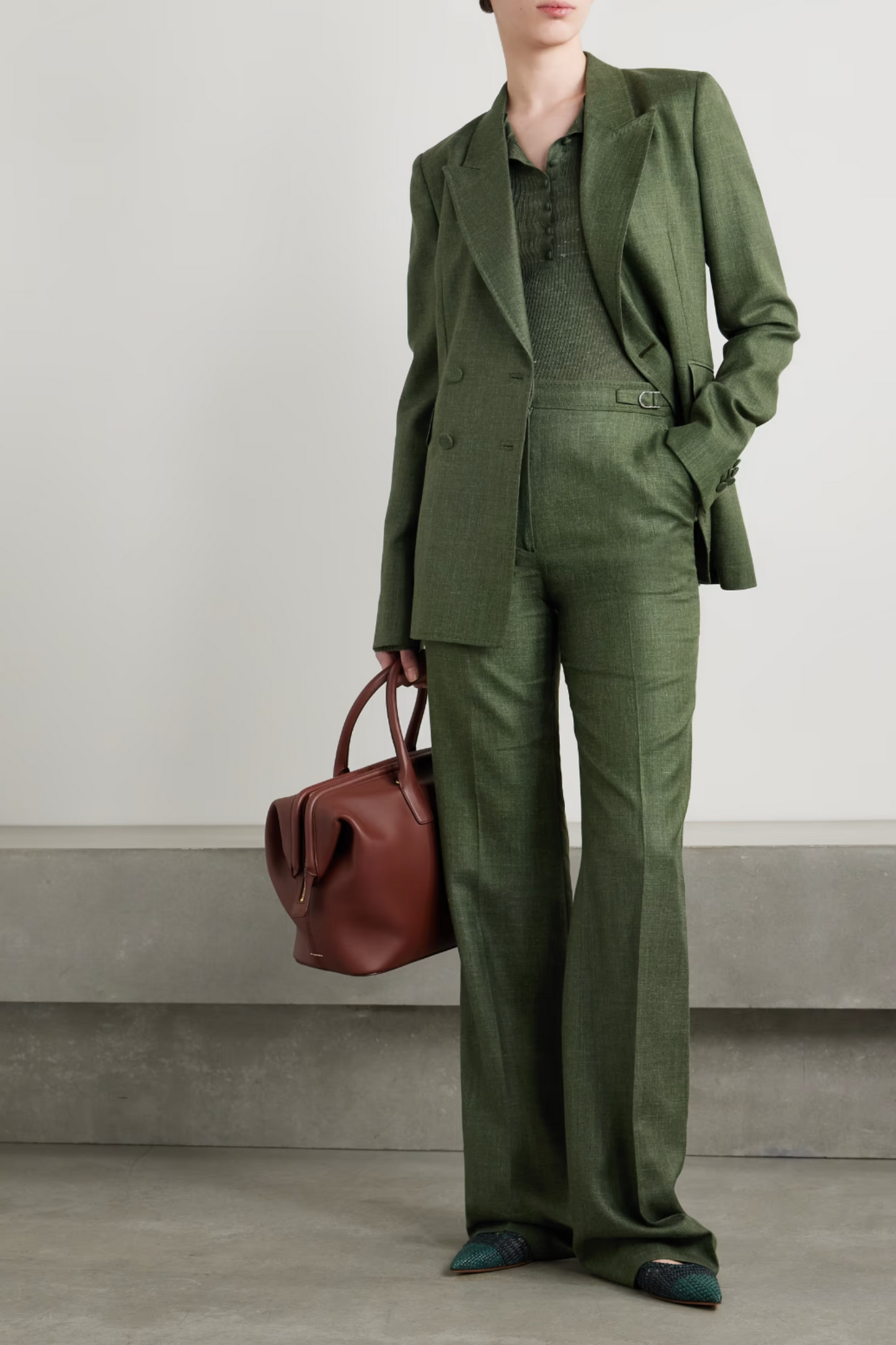 Angela Double-Breasted Wool, Silk and Linen-Blend Blazer and Flared Pants
