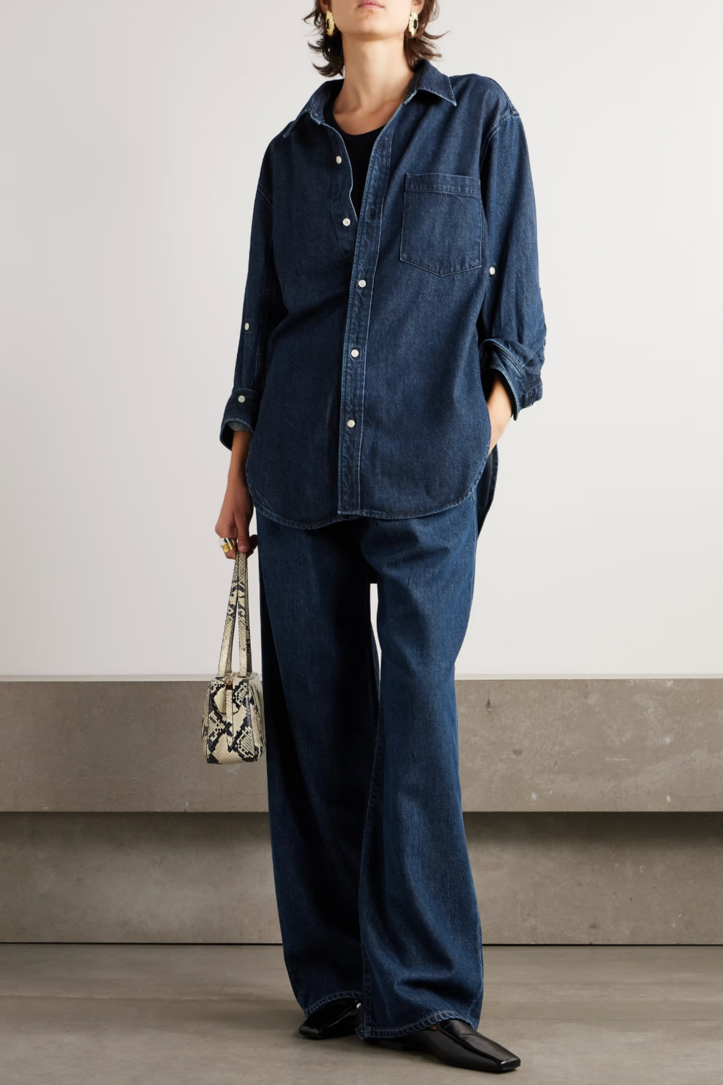 Kayla Denim Shirt and Petra Pleated High-Rise Wide-Leg Jeans