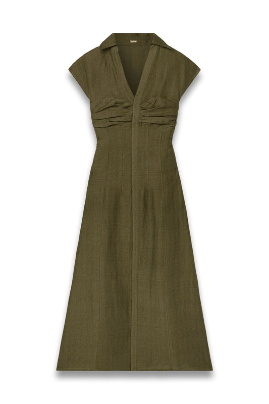 CULT GAIA Amora Gathered Pintucked Slub Woven Midi Dress