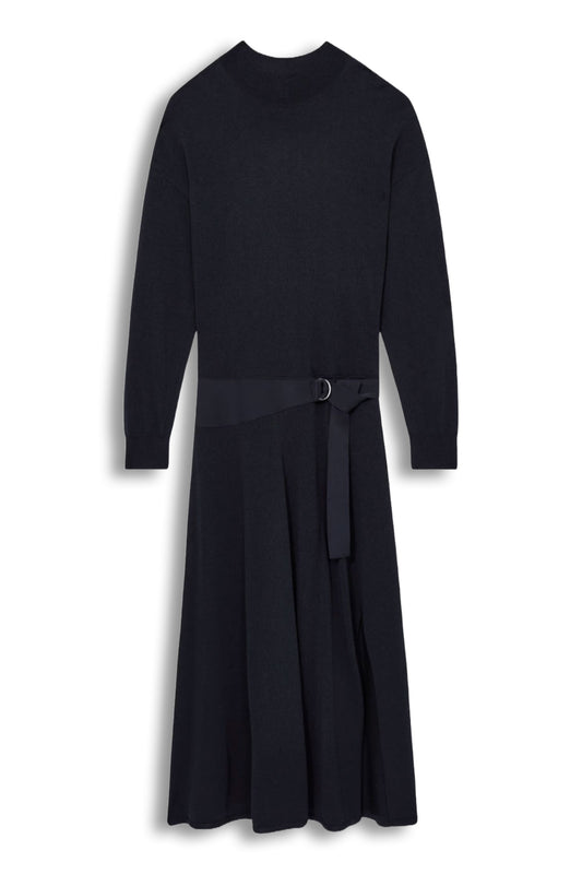 Alina Compact-Knit Belted Midi Dress in Navy