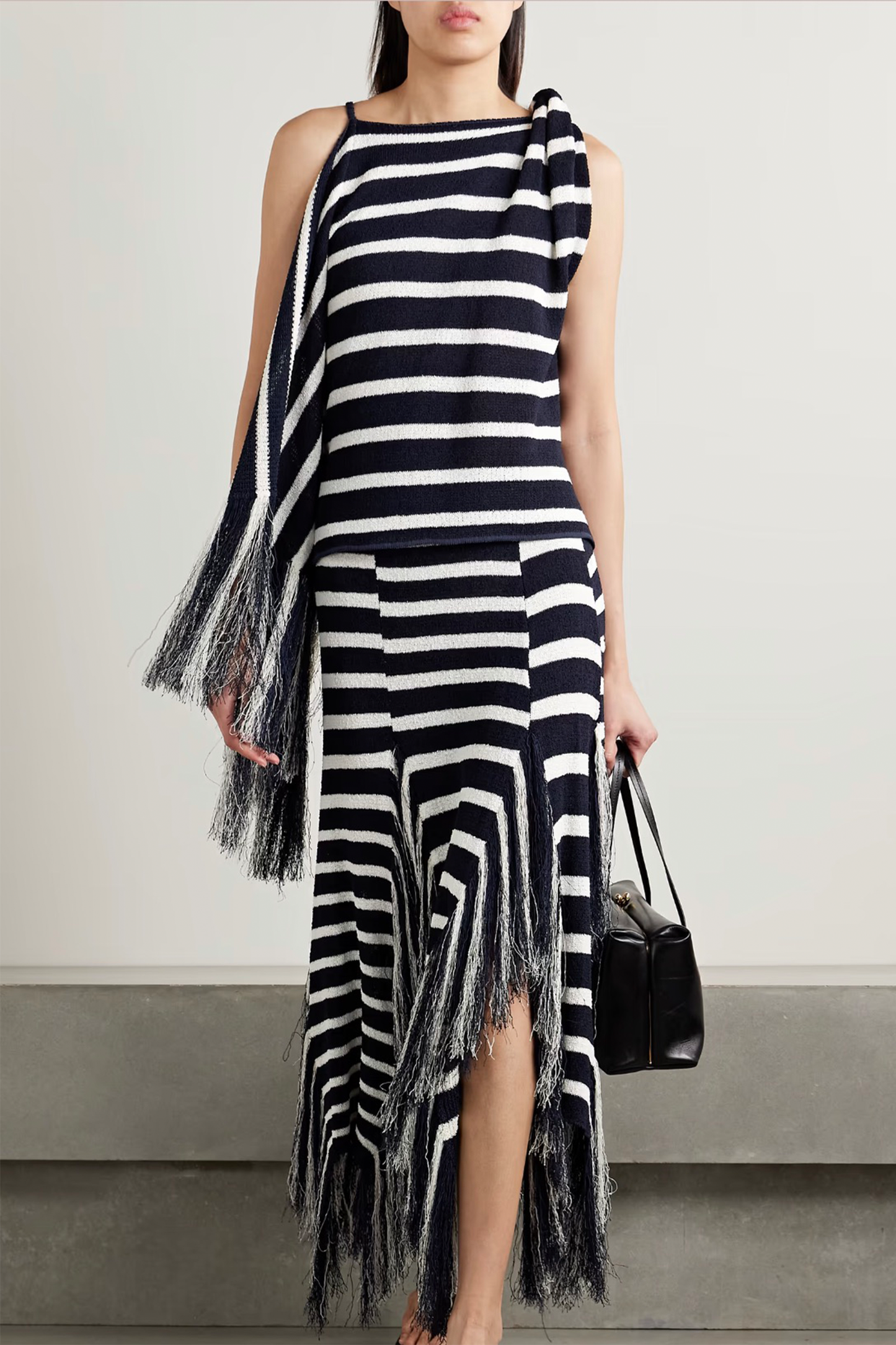 Yves asymmetric fringed striped knitted maxi skirt