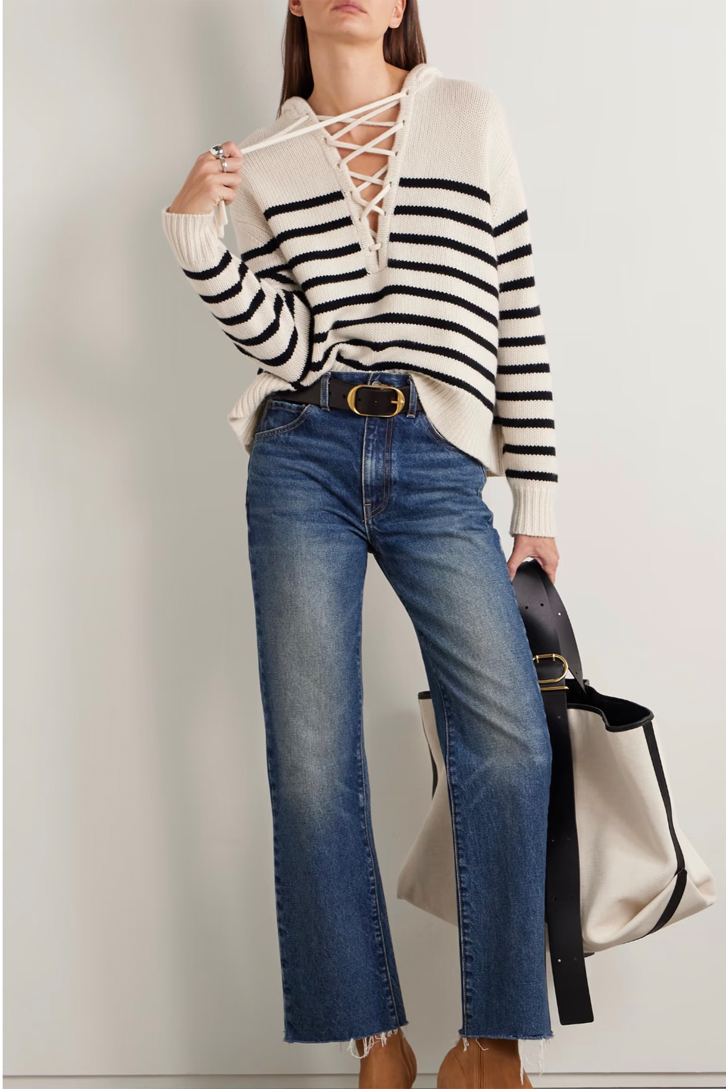 Noemi Lace-up Striped Cashmere Hoodie