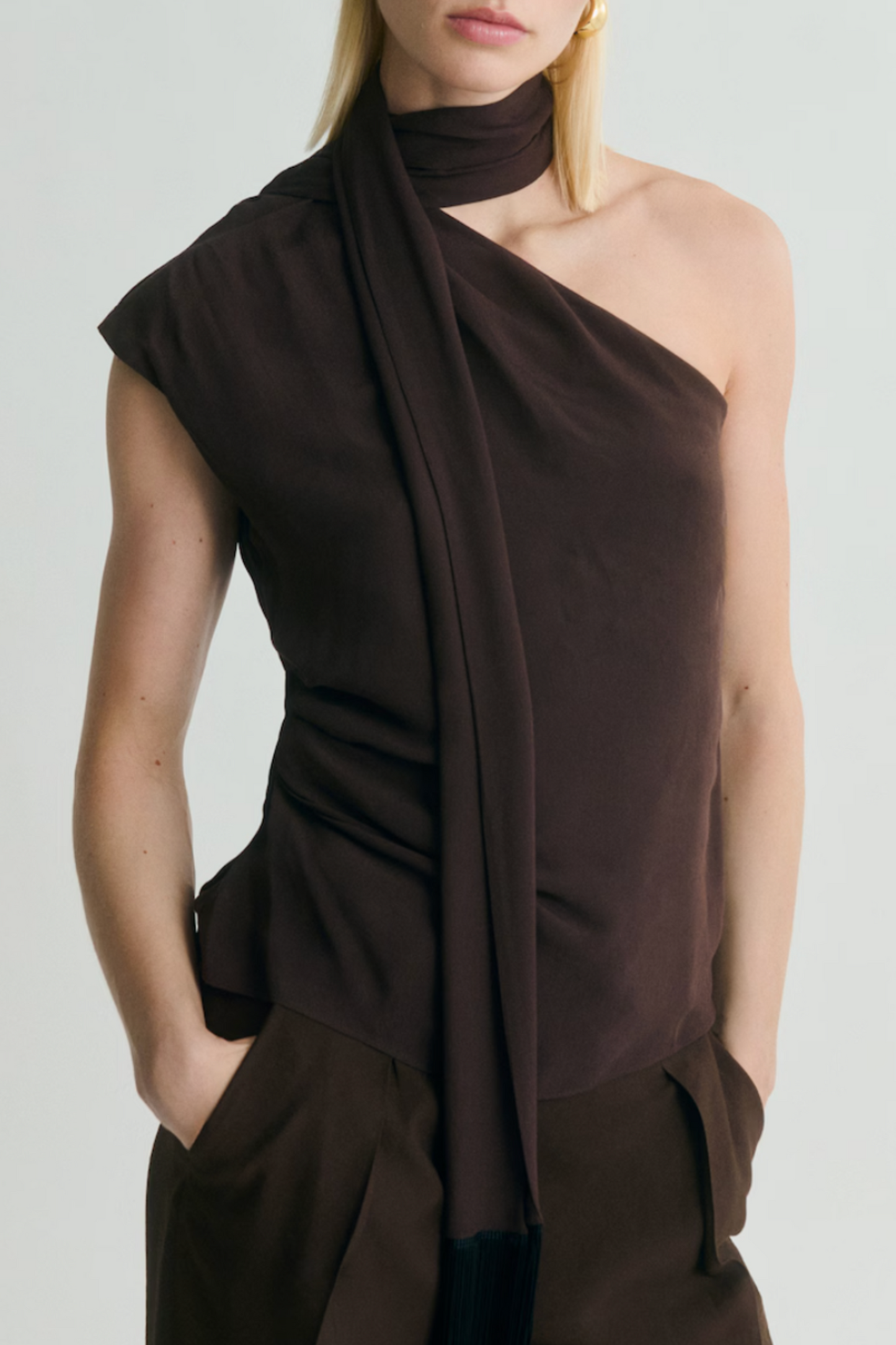 Asymmetrical Scarf Blouse With Fringe Detail