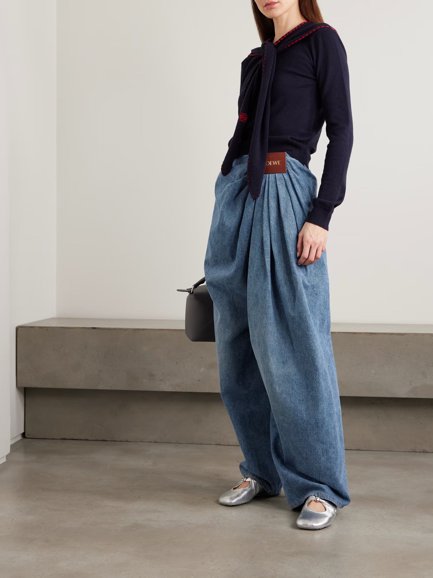 Leather-trimmed Draped Gathered High-rise Wide-leg Jeans