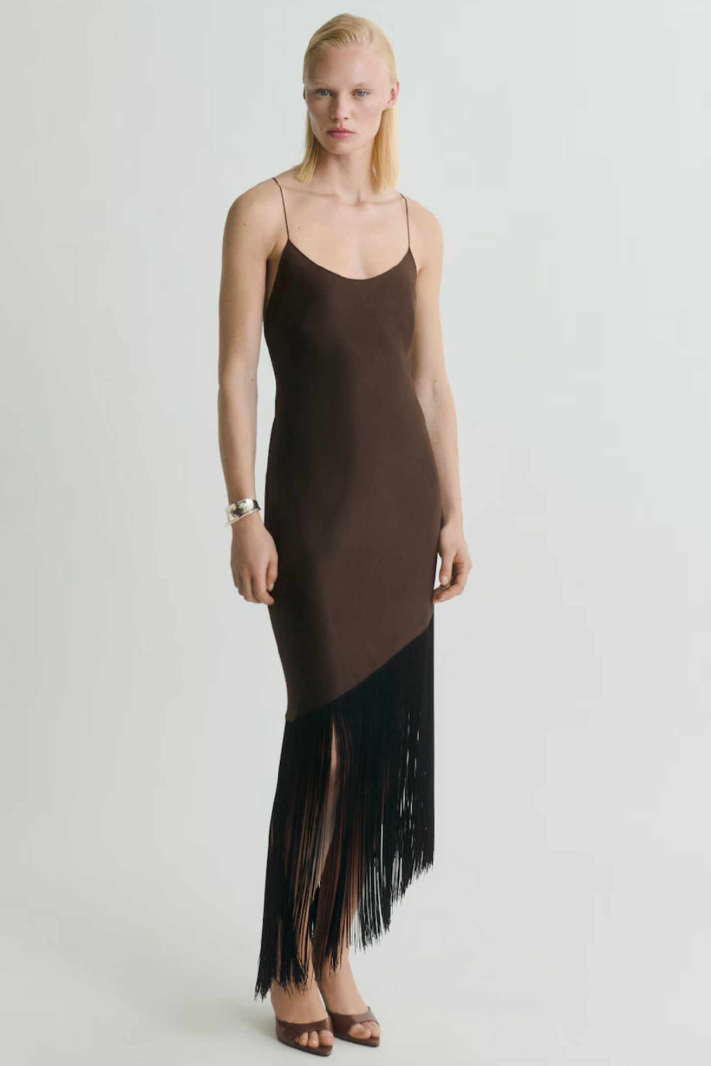 Asymmetrical Satin Dress With Fringes