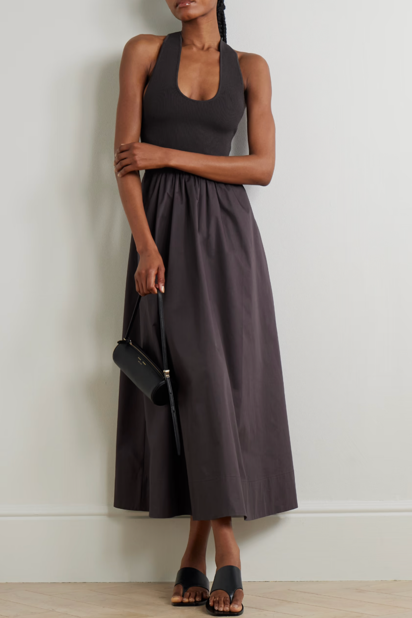 Ribbed-Knit and Cotton-Poplin Midi Dress