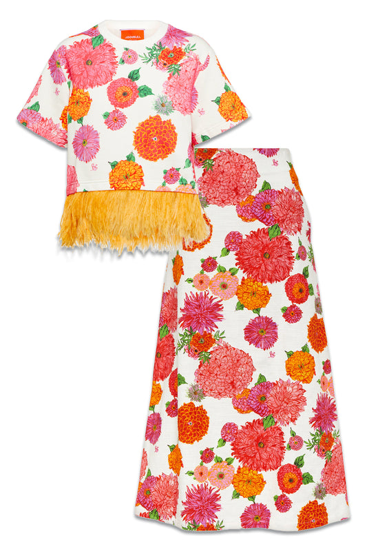 La Scala Feather-trim Cotton Top and A-Long Floral-print Cotton-blend Skirt