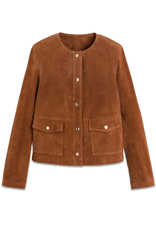 Suede Press-Stud Jacket With Round Neck