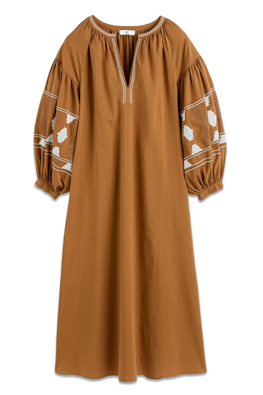 Printed Cotton Midi Dress with 3/4 Length Balloon Sleeves and Jellabah Neck