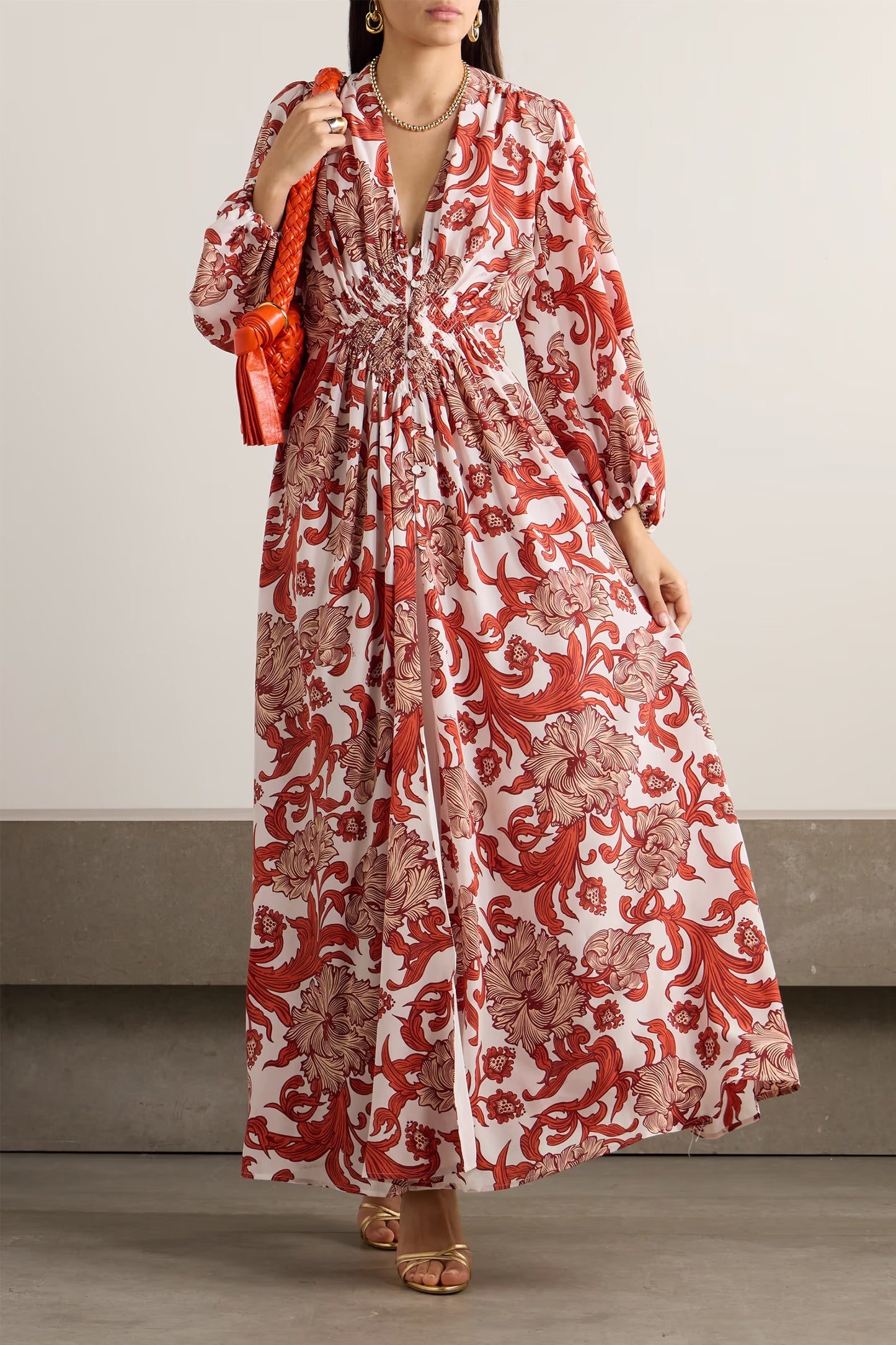 Long Camerino Ruffled Printed Silk Maxi Dress