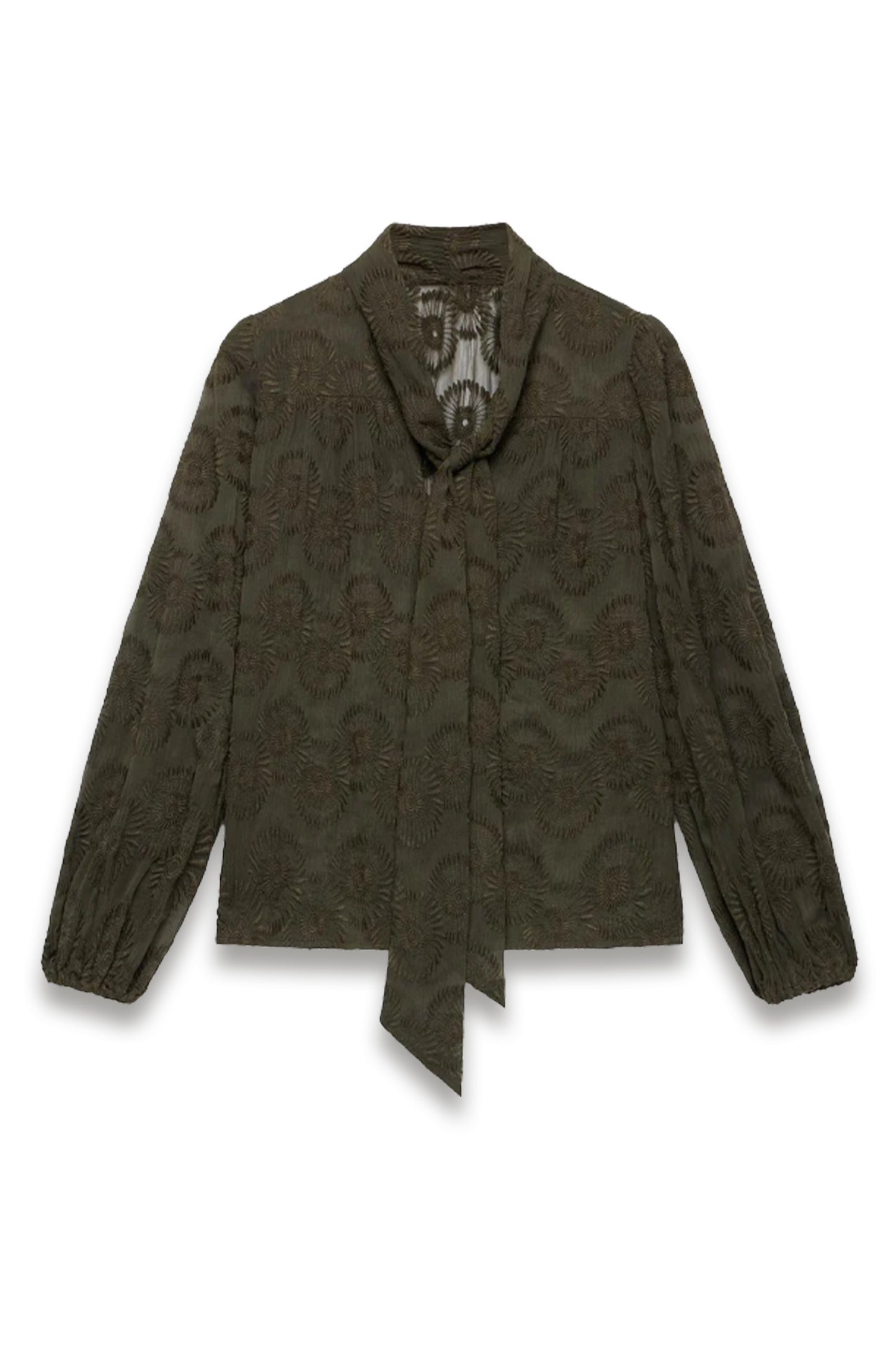 Khaki Floral Tie Neck Blouse