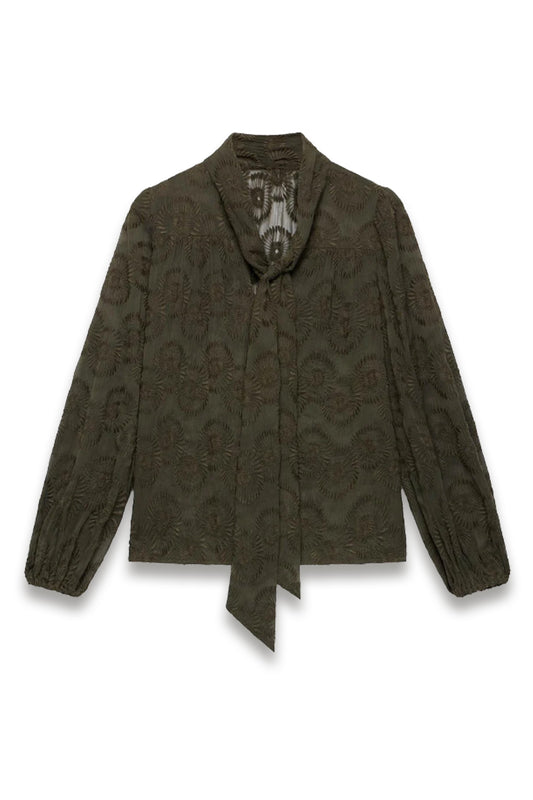 Khaki Floral Tie Neck Blouse