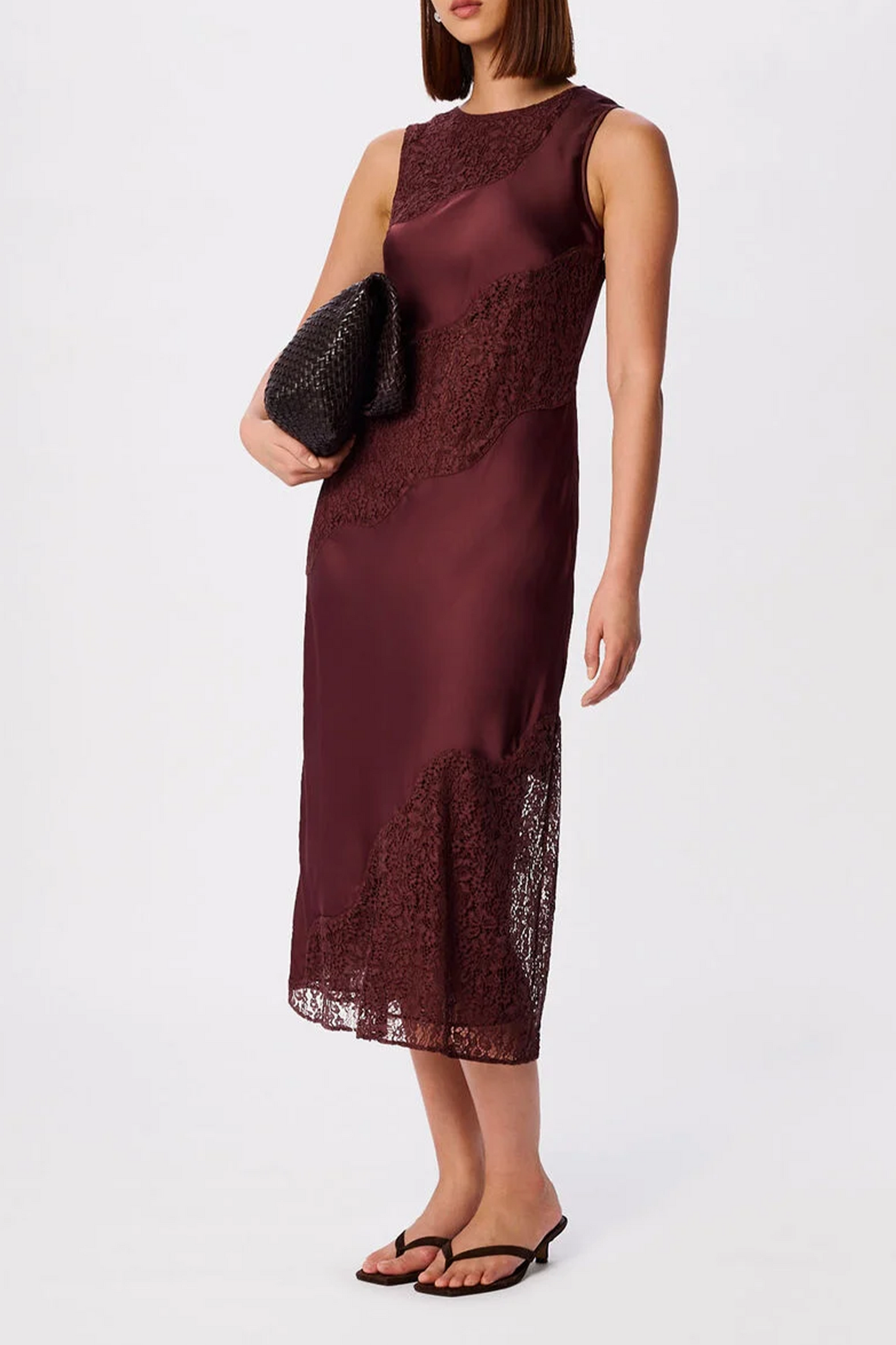 Brown Lace-insert Midi Dress