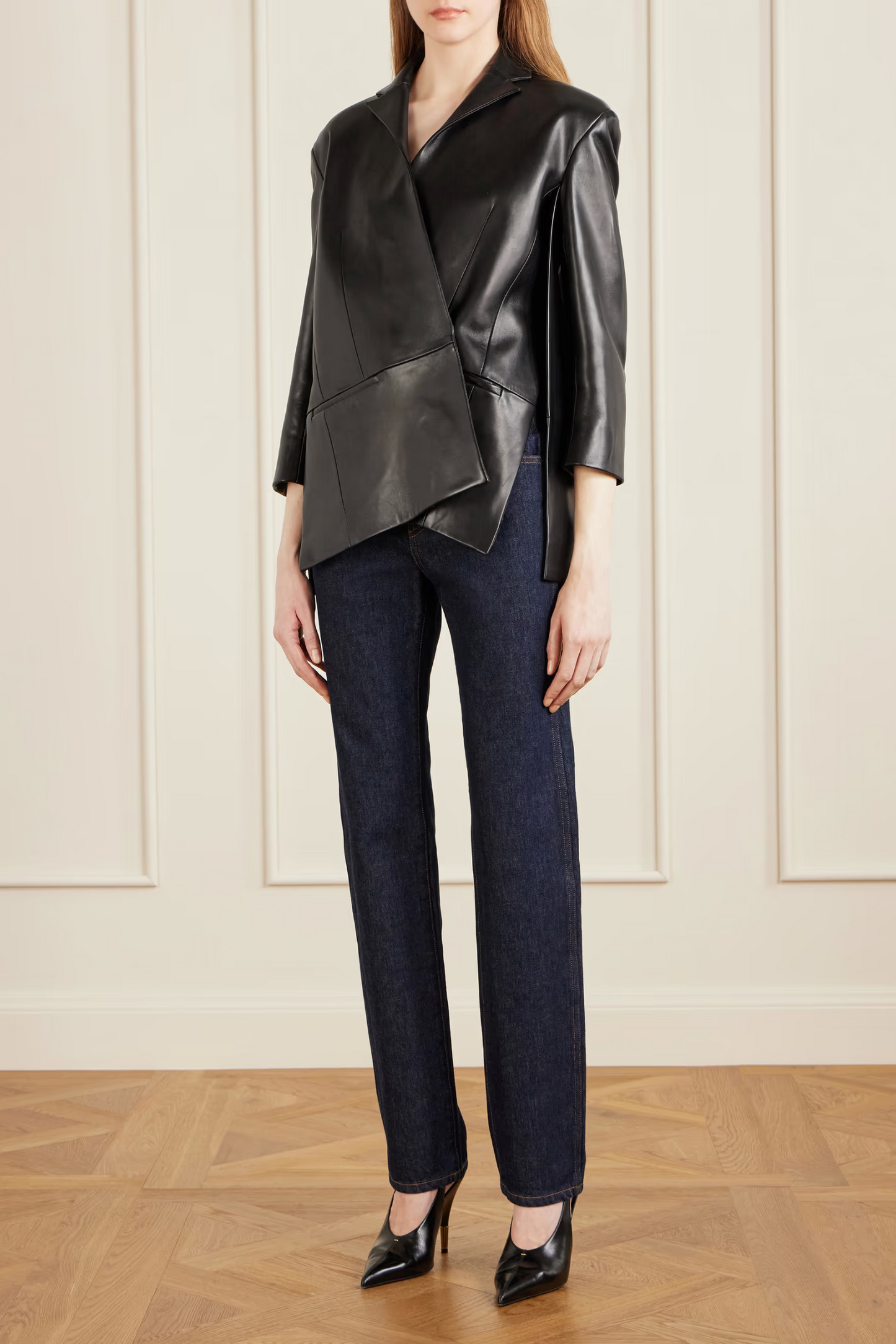 Asymmetric Paneled Leather Blazer