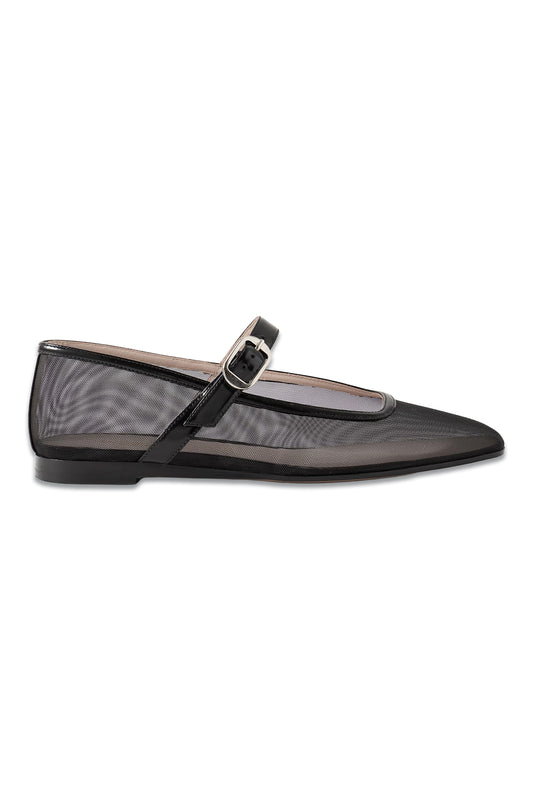 Patent Leather-trimmed Mesh Mary Jane Ballet Flats