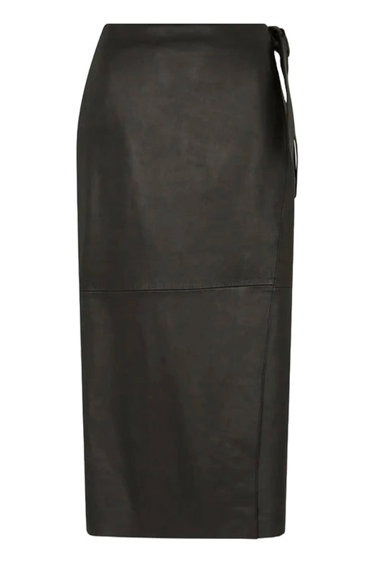 Black Leather Tie Midi Skirt